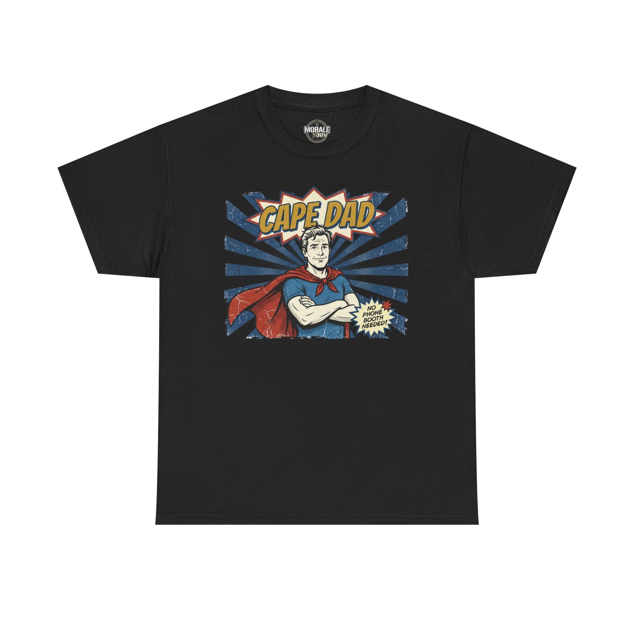 Cape Dad superhero T‑shirt, black, retro comic chest logo