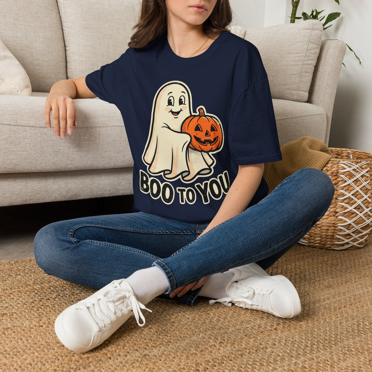 Navy Halloween graphic T-shirt with ghost holding orange pumpkin