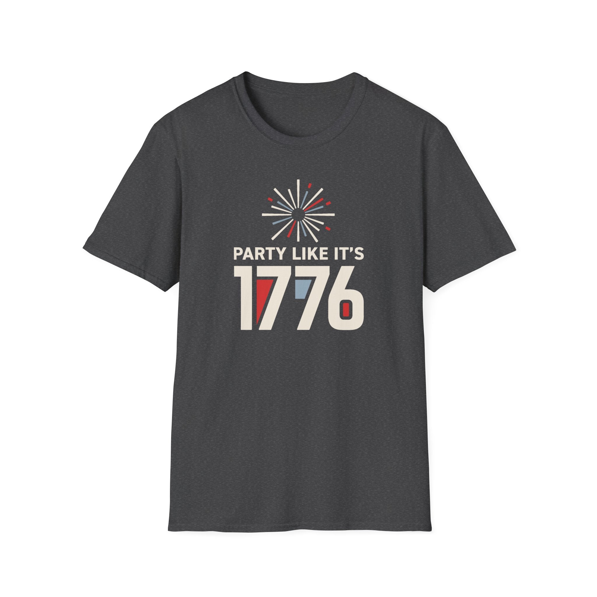 Charcoal crewneck T-shirt with firework burst and “PARTY LIKE IT’S 1776” graphic