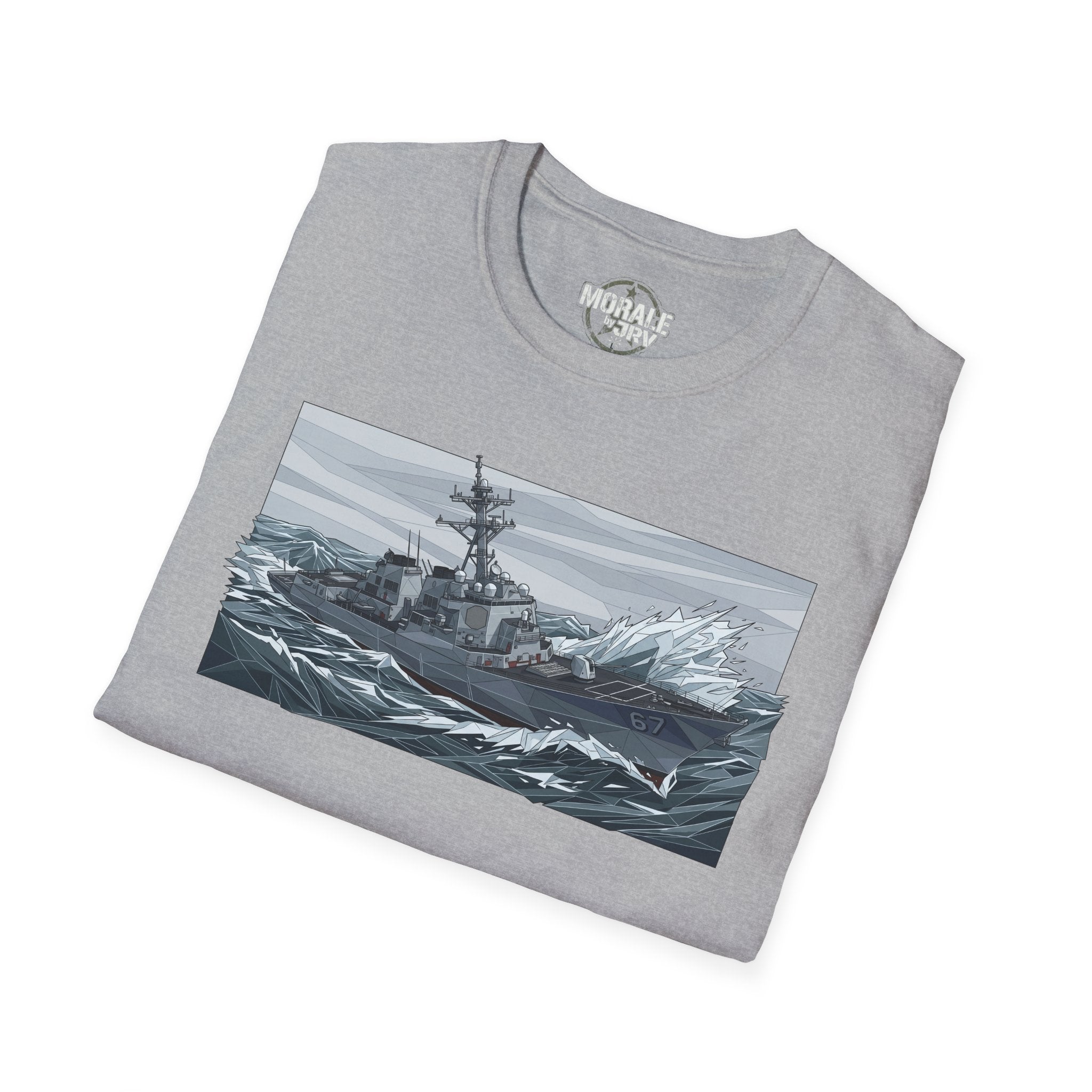 Heather grey T-shirt with battleship on stormy seas front graphic