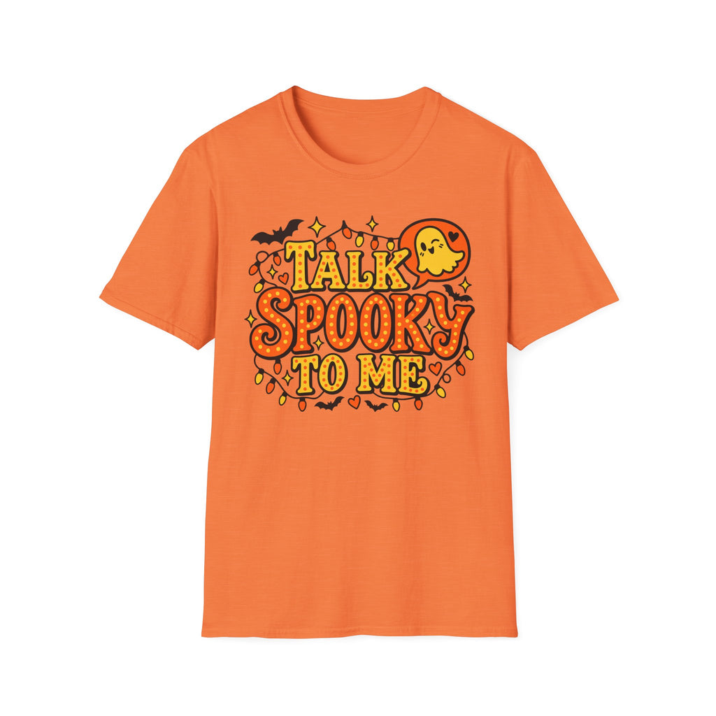 Orange Halloween t-shirt with 'Talk Spooky to Me' ghost graphic