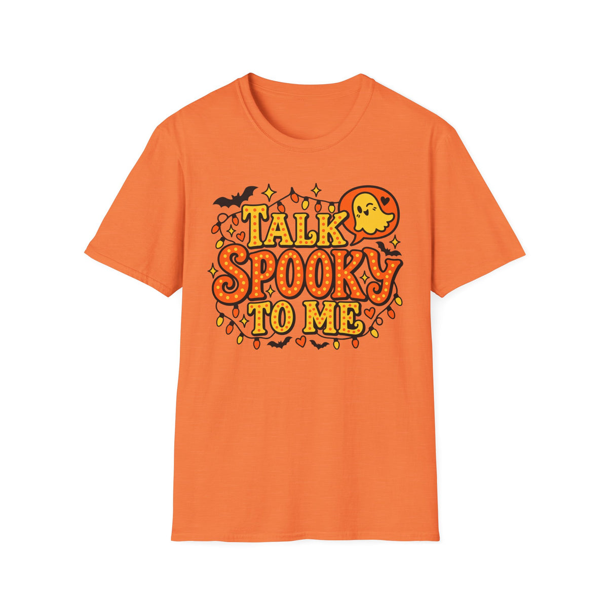 Orange Halloween t-shirt with 'Talk Spooky to Me' ghost graphic