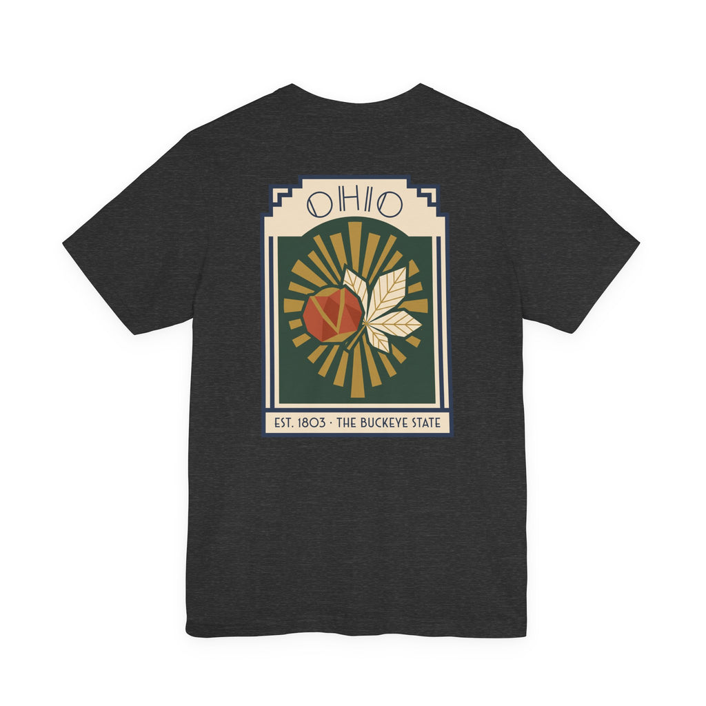Dark charcoal T-shirt with Ohio sunburst art deco graphic front