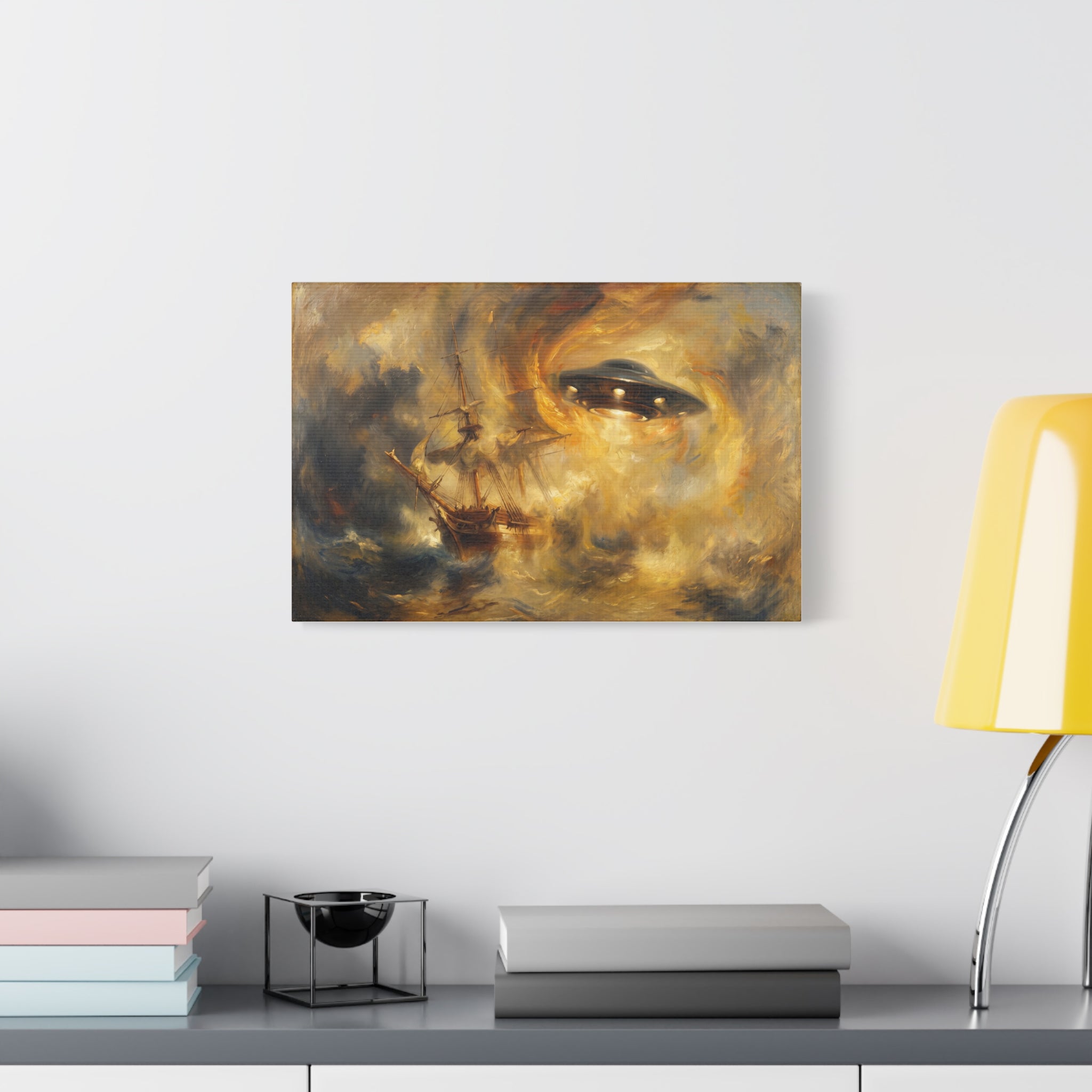 Small canvas print with glowing UFO eye over stormy sailboat in gold and gray
