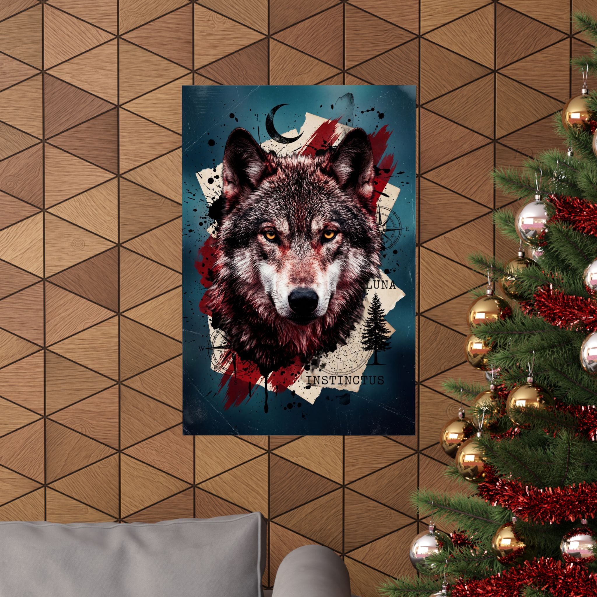 Wolf-Wandkunst-Poster an der Wand, Wolfskopf im Trash-Polka Look mit Mond und Farbspritzern