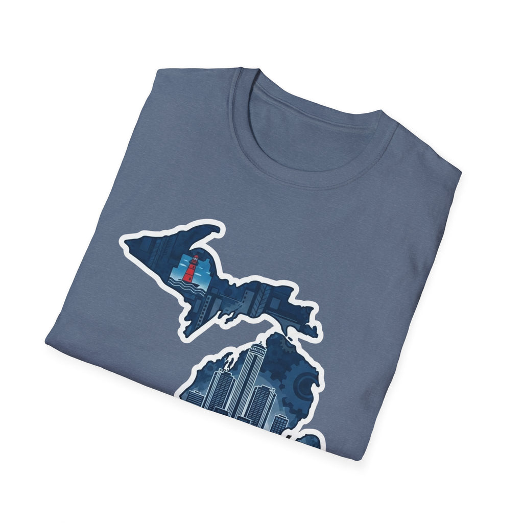 Michigan map graphic T-shirt in slate blue with skyline state design