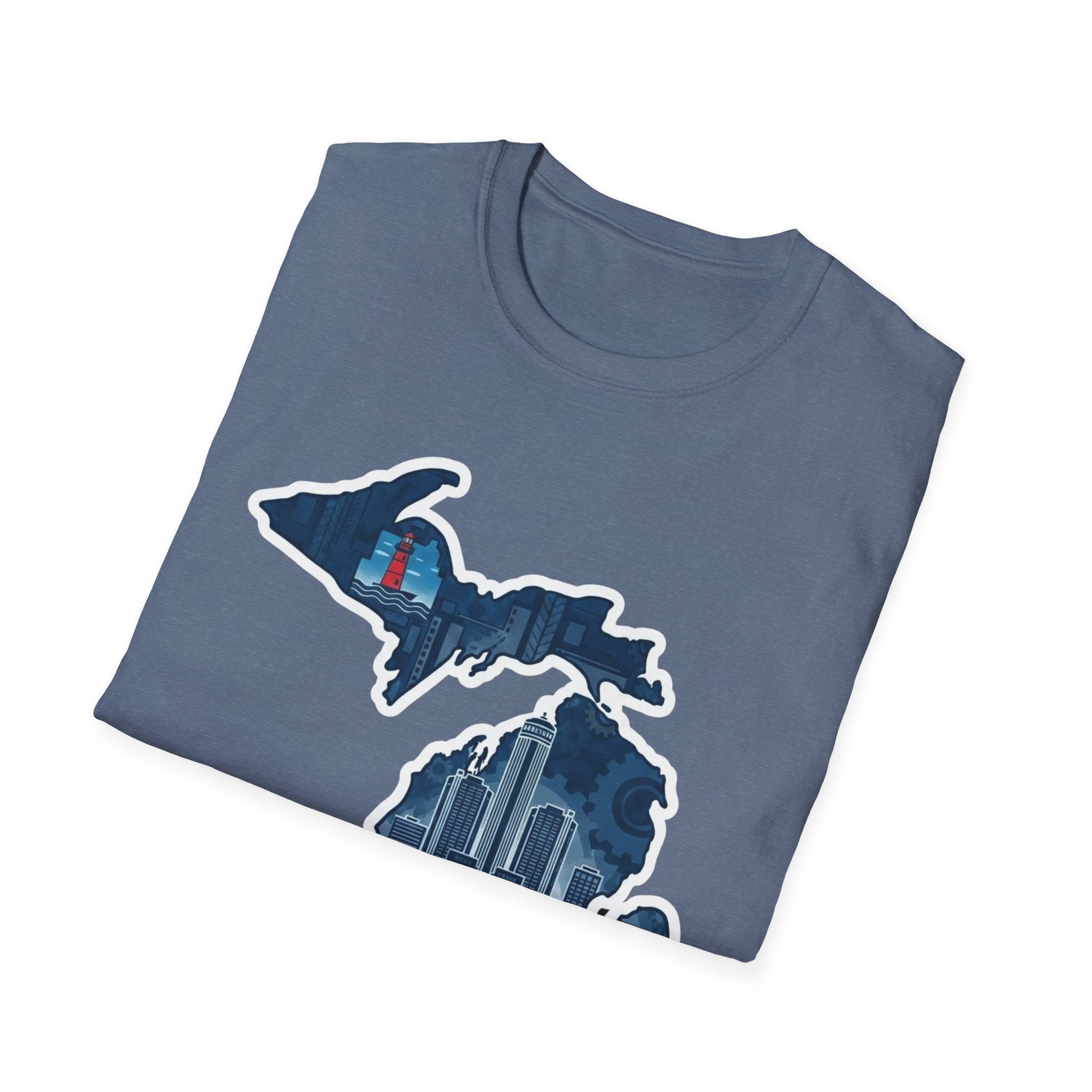 Michigan map graphic T-shirt in slate blue with skyline state design