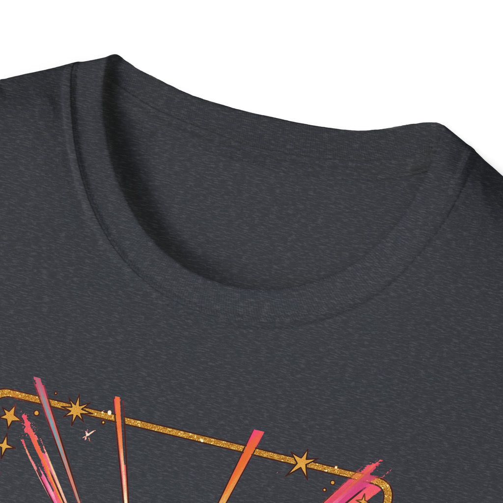 Black T-shirt neckline with partial skull/disco-ball print