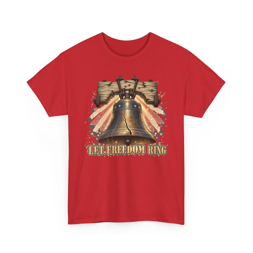 Red Liberty Bell graphic t-shirt with distressed vintage text