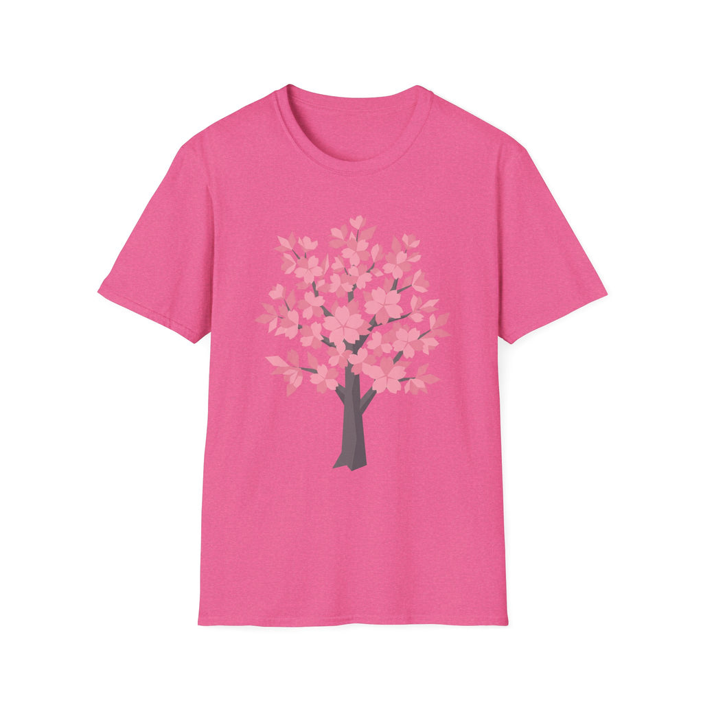 Unisex cherry blossom graphic T-shirt, pink, centered cherry blossom tree print