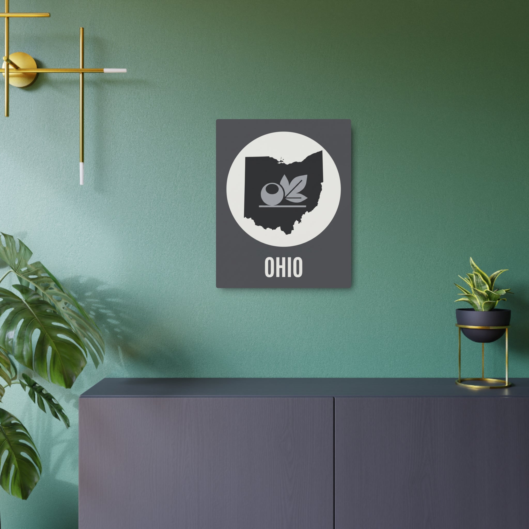 Ohio metal wall art sign featuring Ohio outline, buckeye leaf, and OHIO label