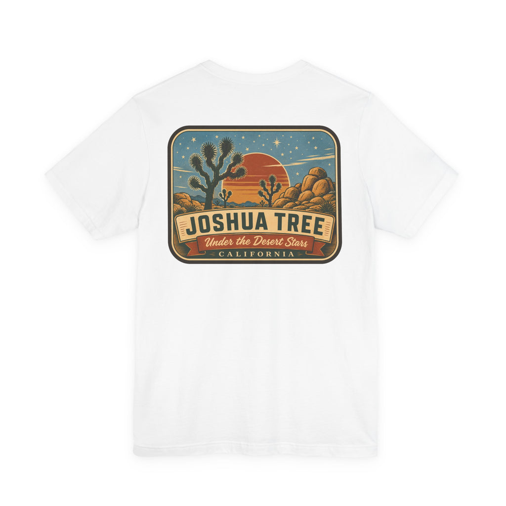 White Joshua Tree graphic t-shirt with desert sign logo on front.