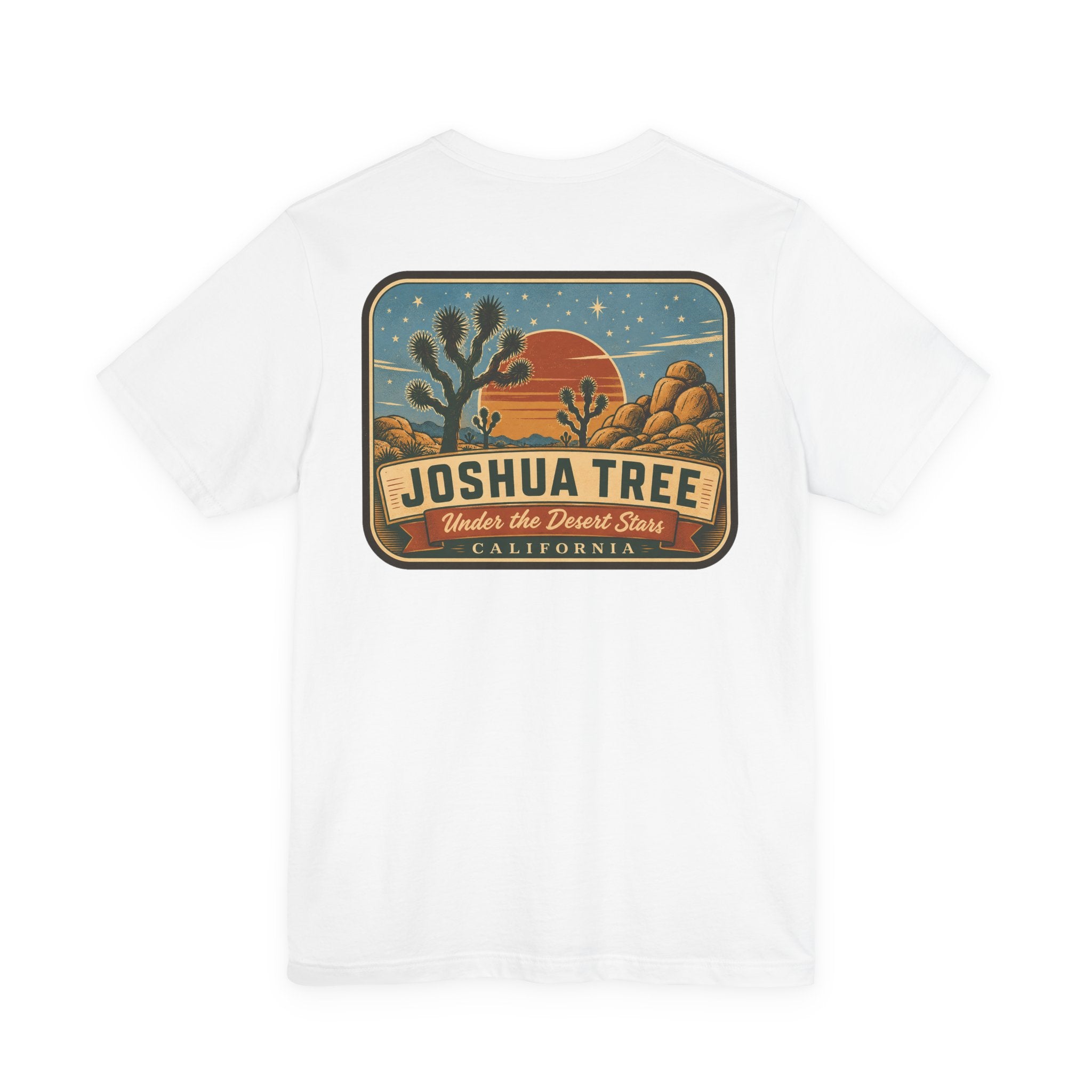 White Joshua Tree graphic t-shirt with desert sign logo on front.