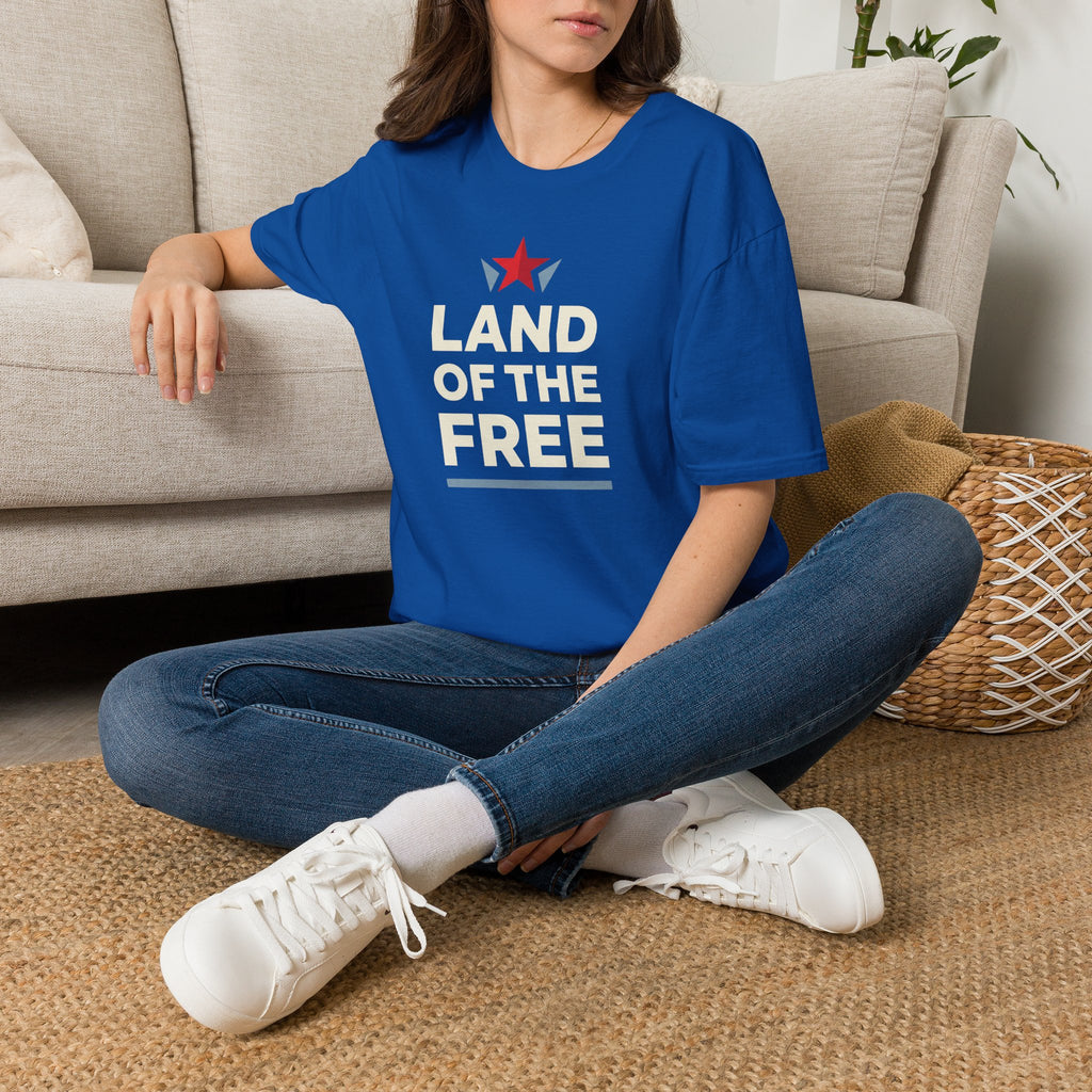 Royal blue T-shirt with red star graphic and white Land of the Free text