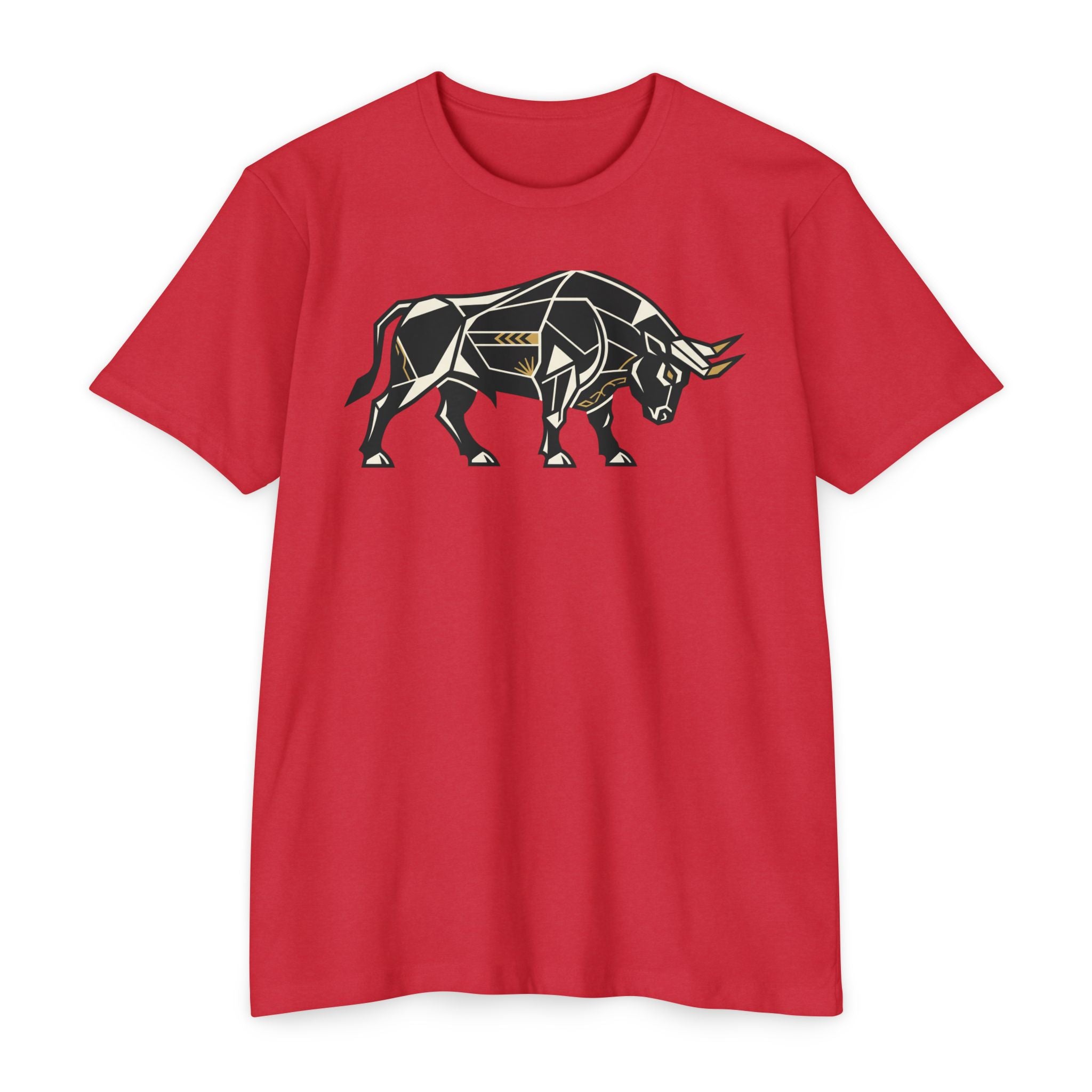 Bull graphic T-shirt, red, geometric charging bull illustration across chest