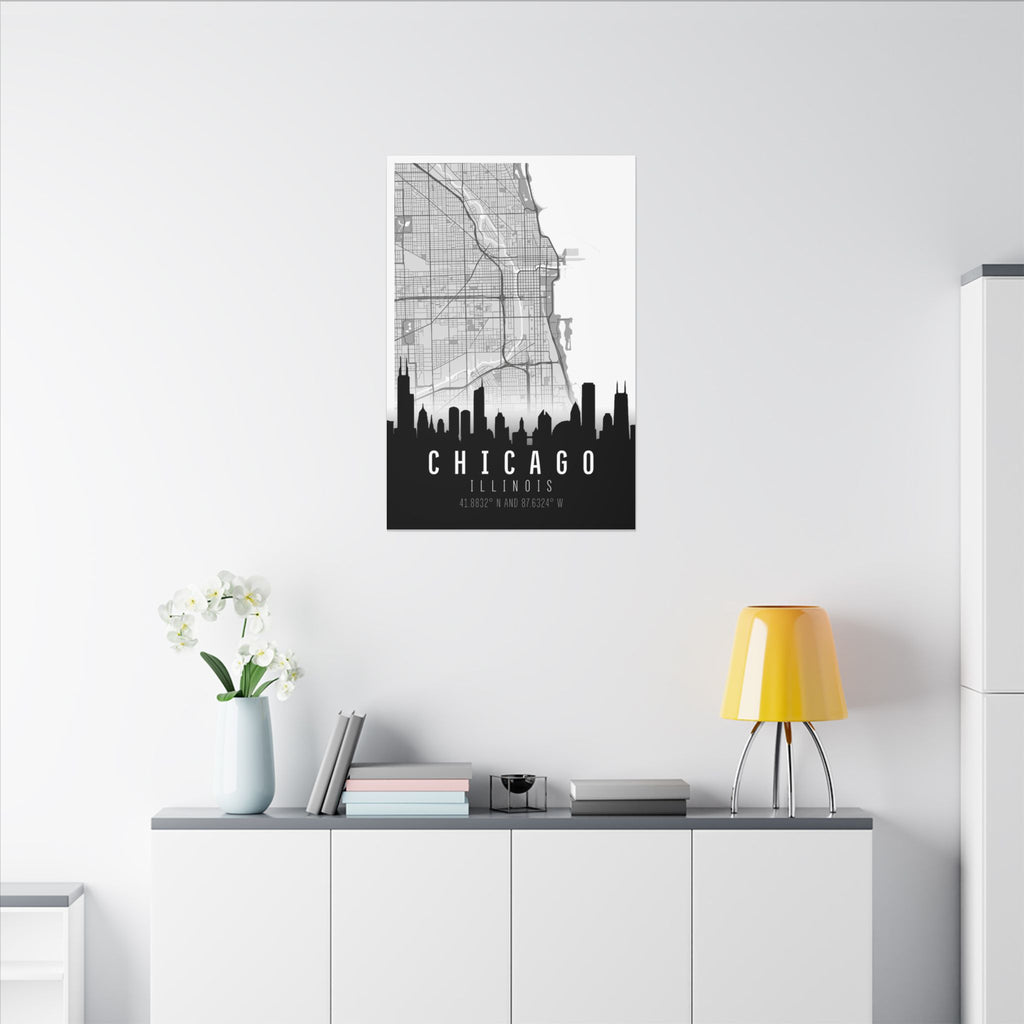 Chicago skyline map wall art, matte canvas with skyline silhouette and coordinate text