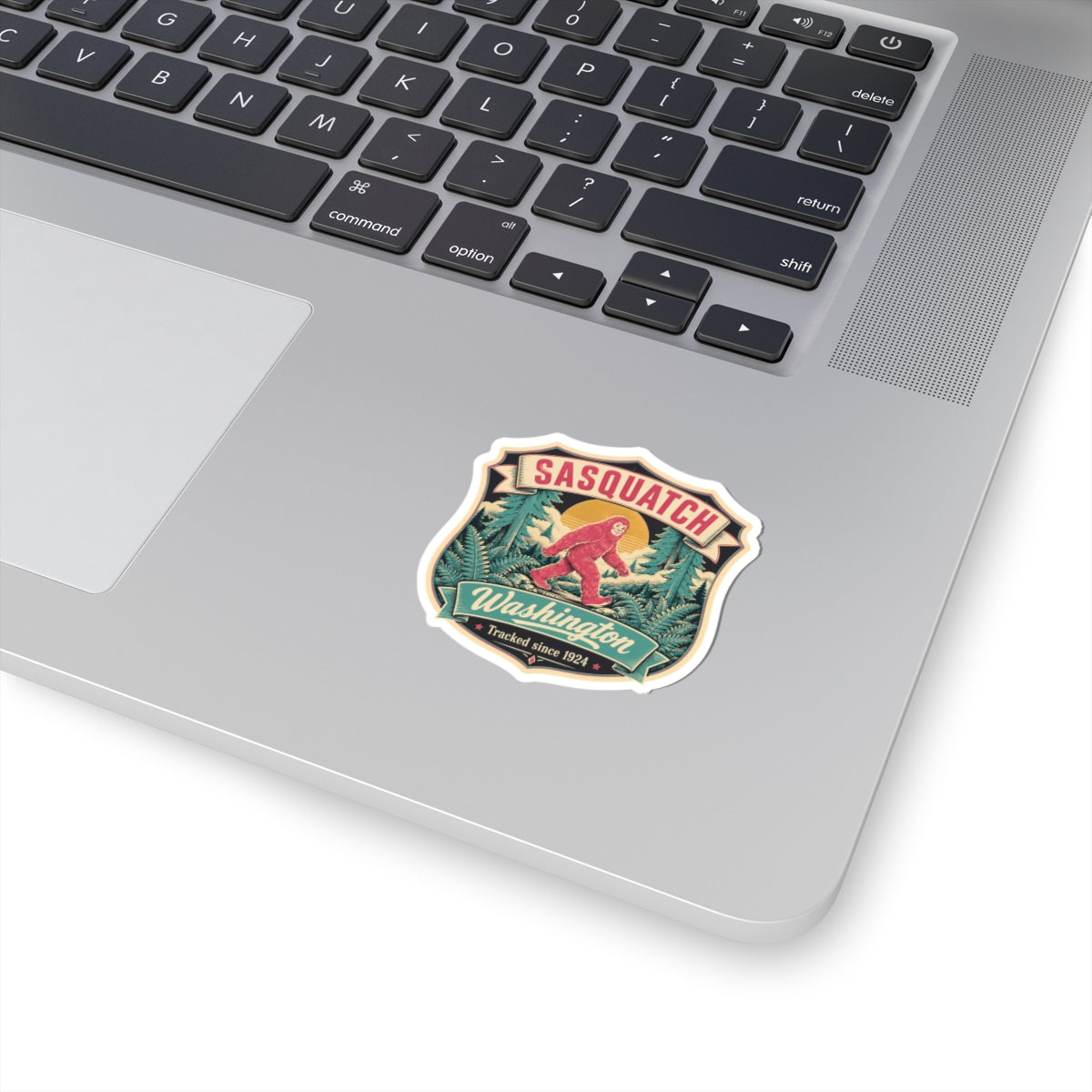 Sasquatch Washington vintage patch sticker with multicolor outdoor graphic and white border