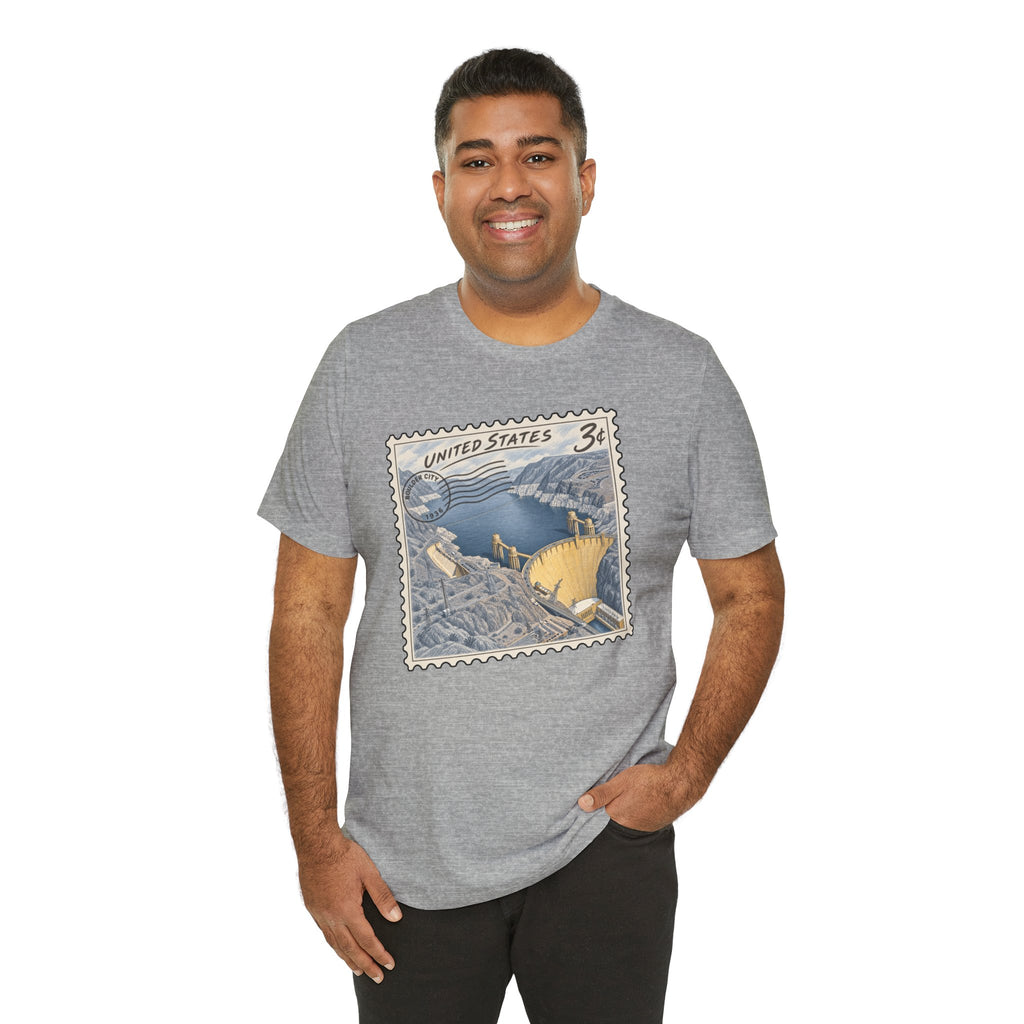 Heather gray crew-neck t-shirt with vintage United States postage stamp graphic on front