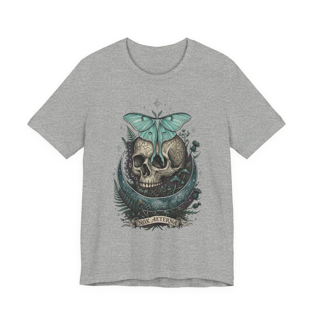Heather gray unisex T-shirt with teal moth-and-skull graphic on chest