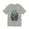 Heather gray unisex T-shirt with teal moth-and-skull graphic on chest