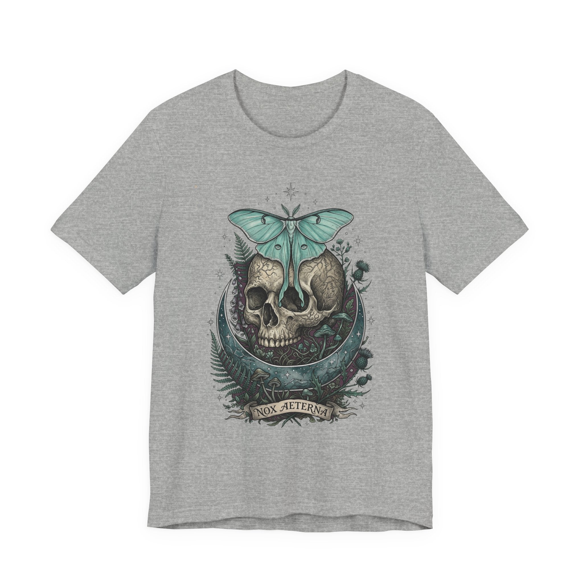 Heather gray unisex T-shirt with teal moth-and-skull graphic on chest