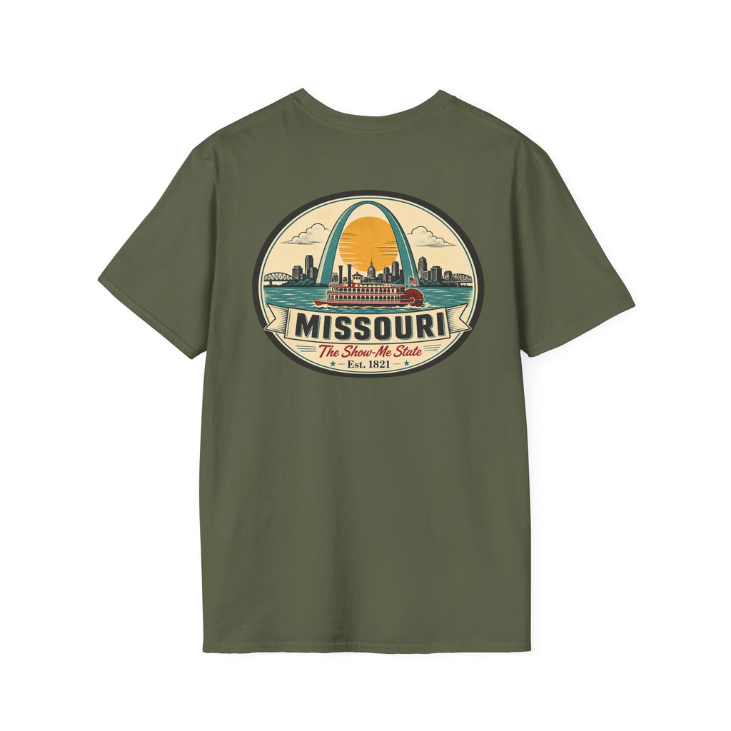 Missouri T-shirt in military green with circular arch graphic and “Missouri” text