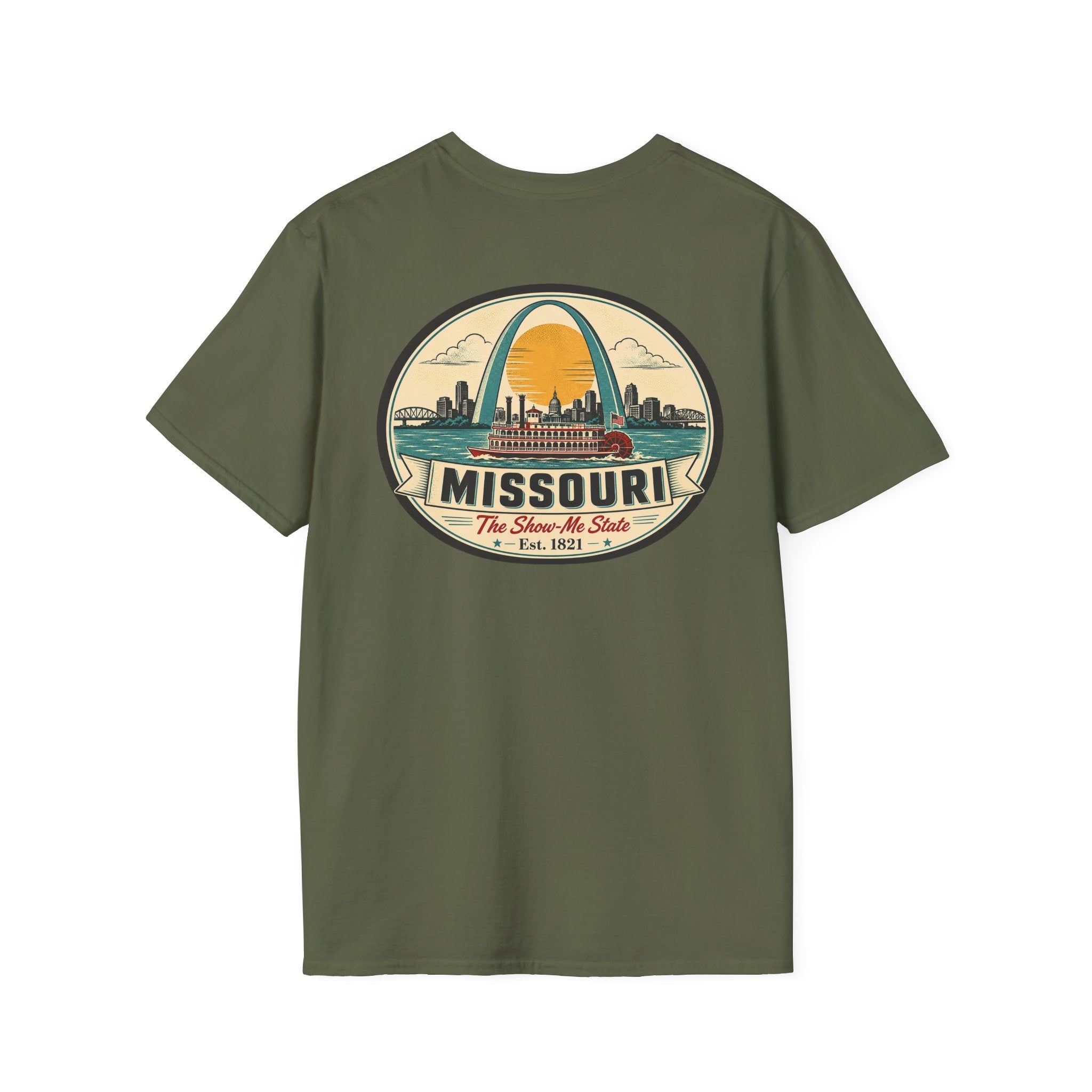 Missouri T-shirt in military green with circular arch graphic and “Missouri” text
