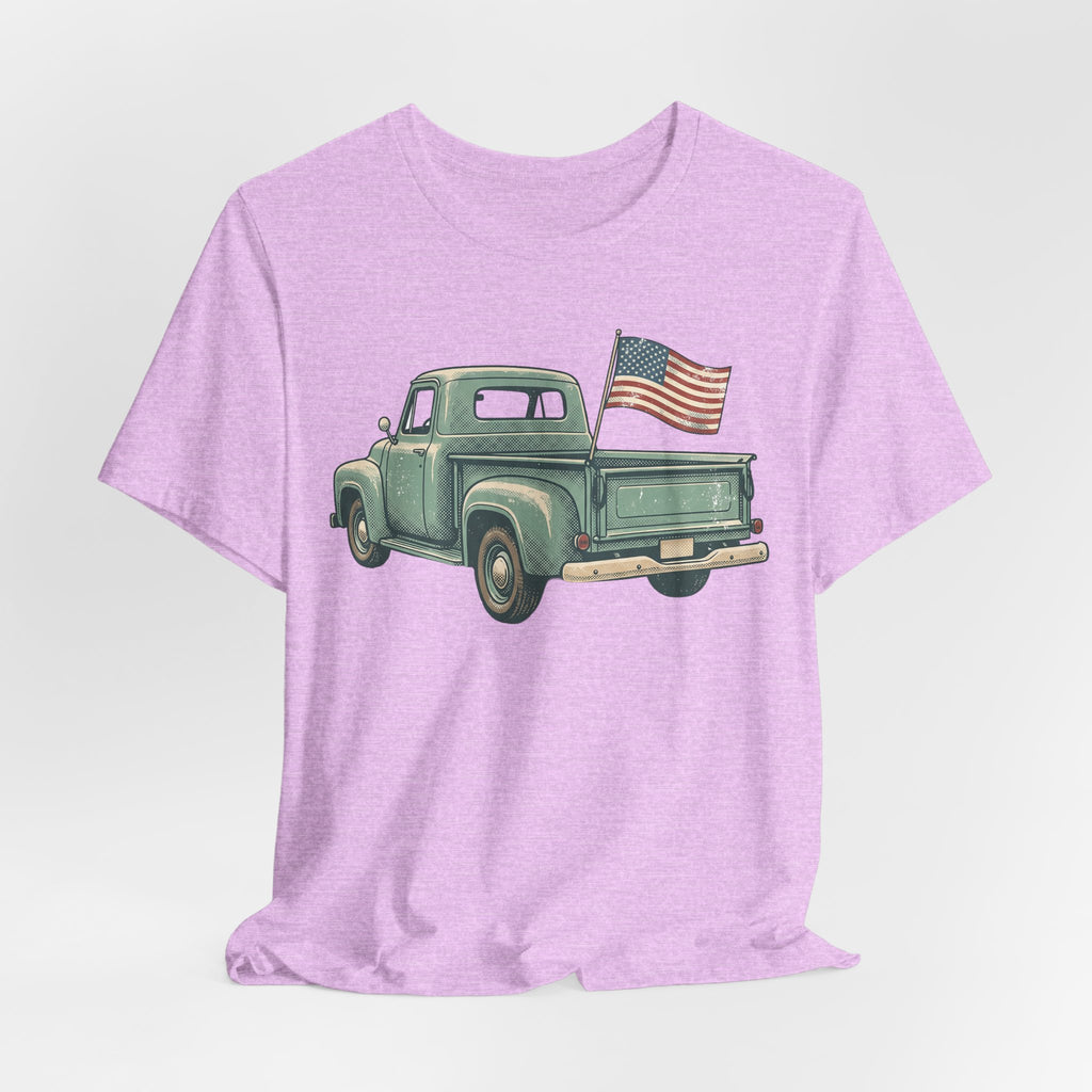 Purple T-shirt with vintage green pickup truck and American flag graphic