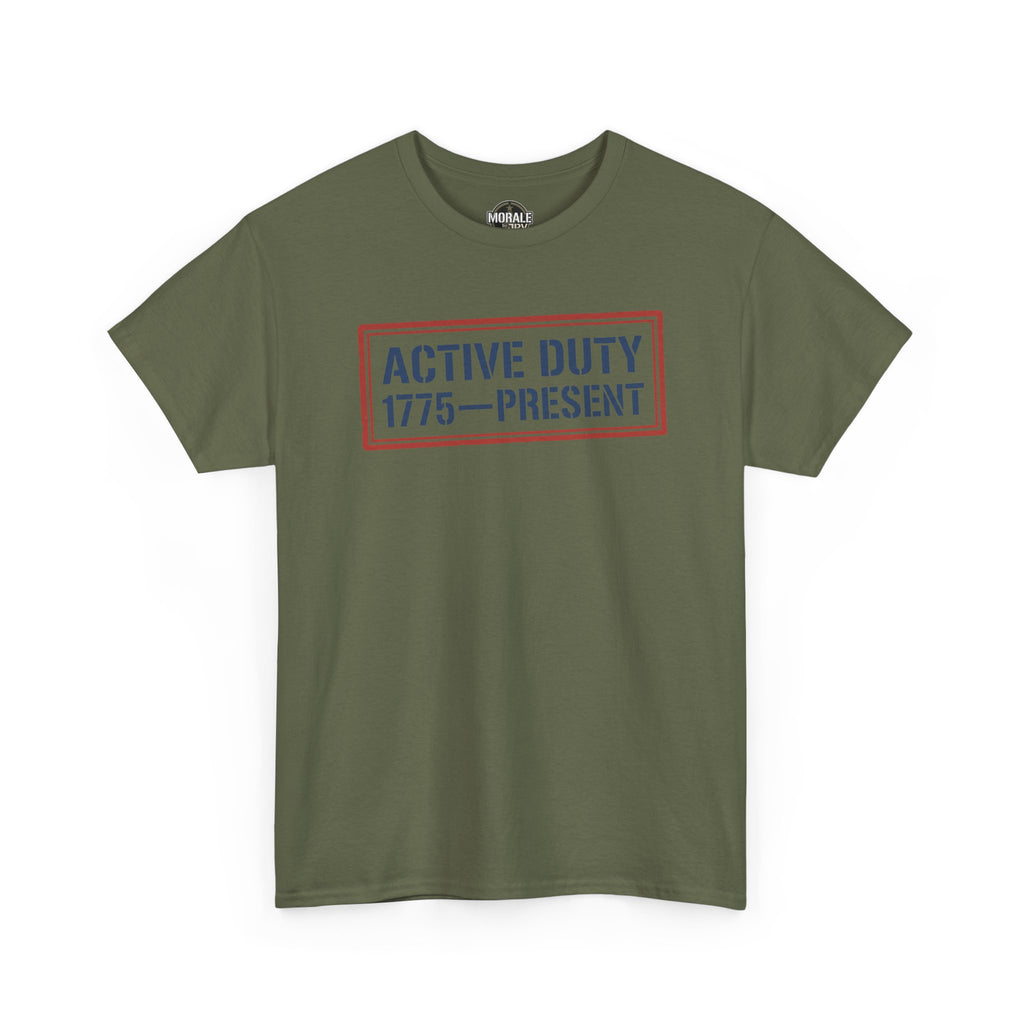 Olive green crewneck T-shirt with red 'Active Duty 1775–Present' front graphic