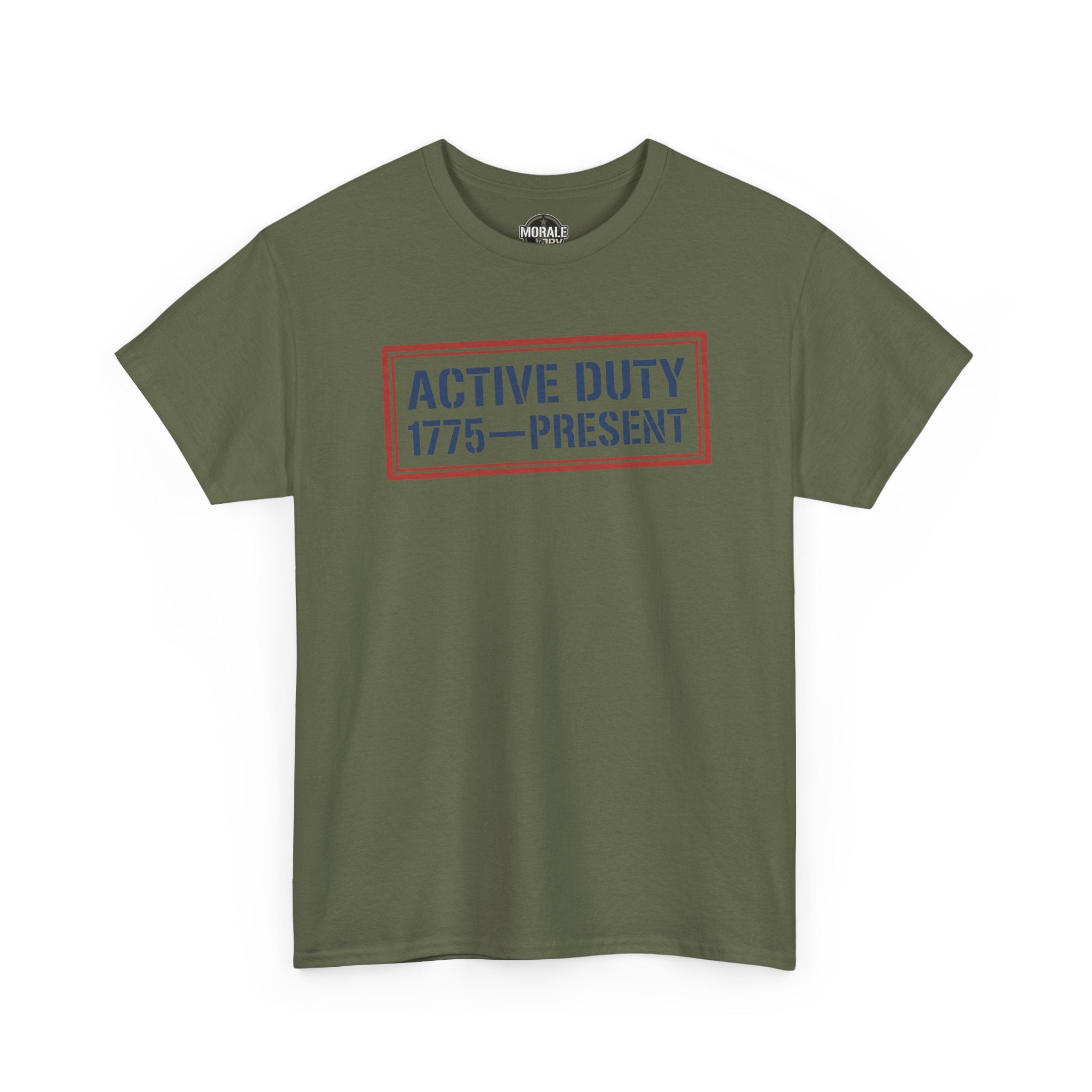 Olive green crewneck T-shirt with red 'Active Duty 1775–Present' front graphic