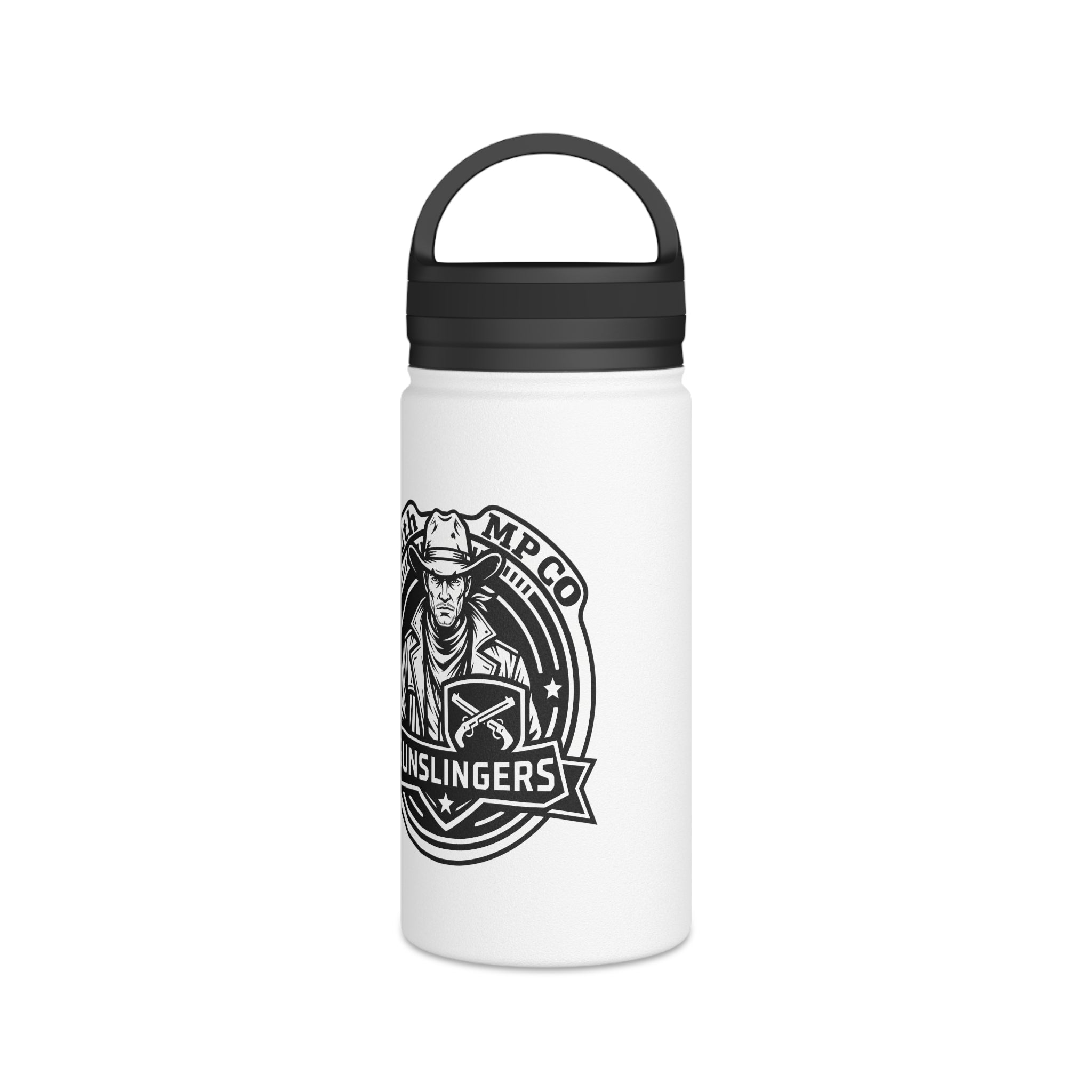 White stainless steel water bottle with black lid and Gunslingers crest graphic
