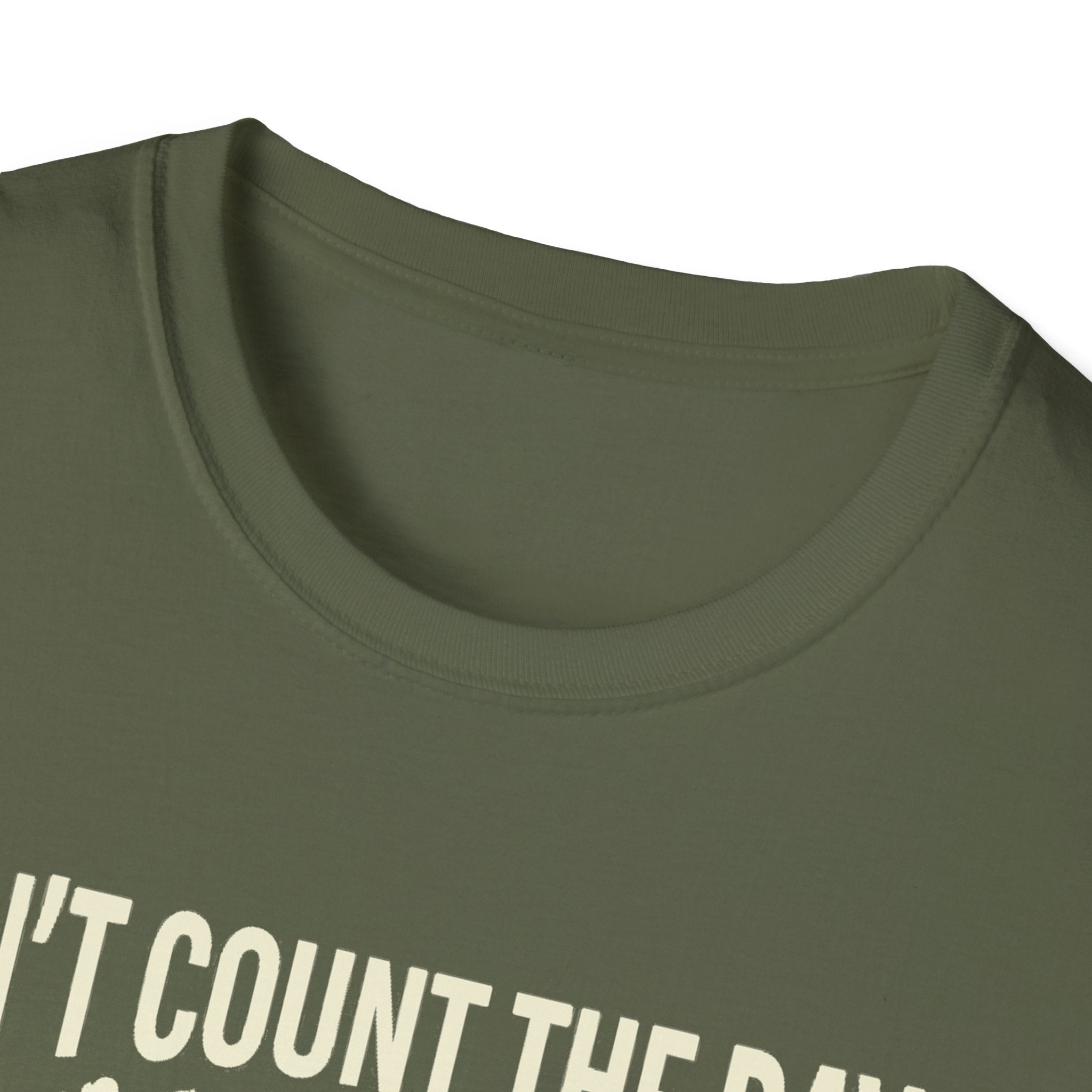 Military green T-shirt, close-up of crew neck