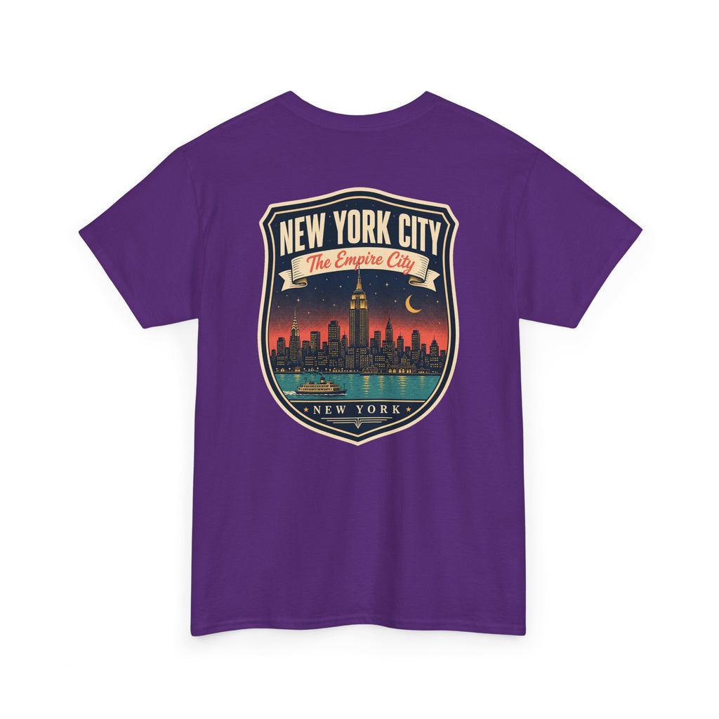 Purple T-shirt with New York City skyline badge graphic