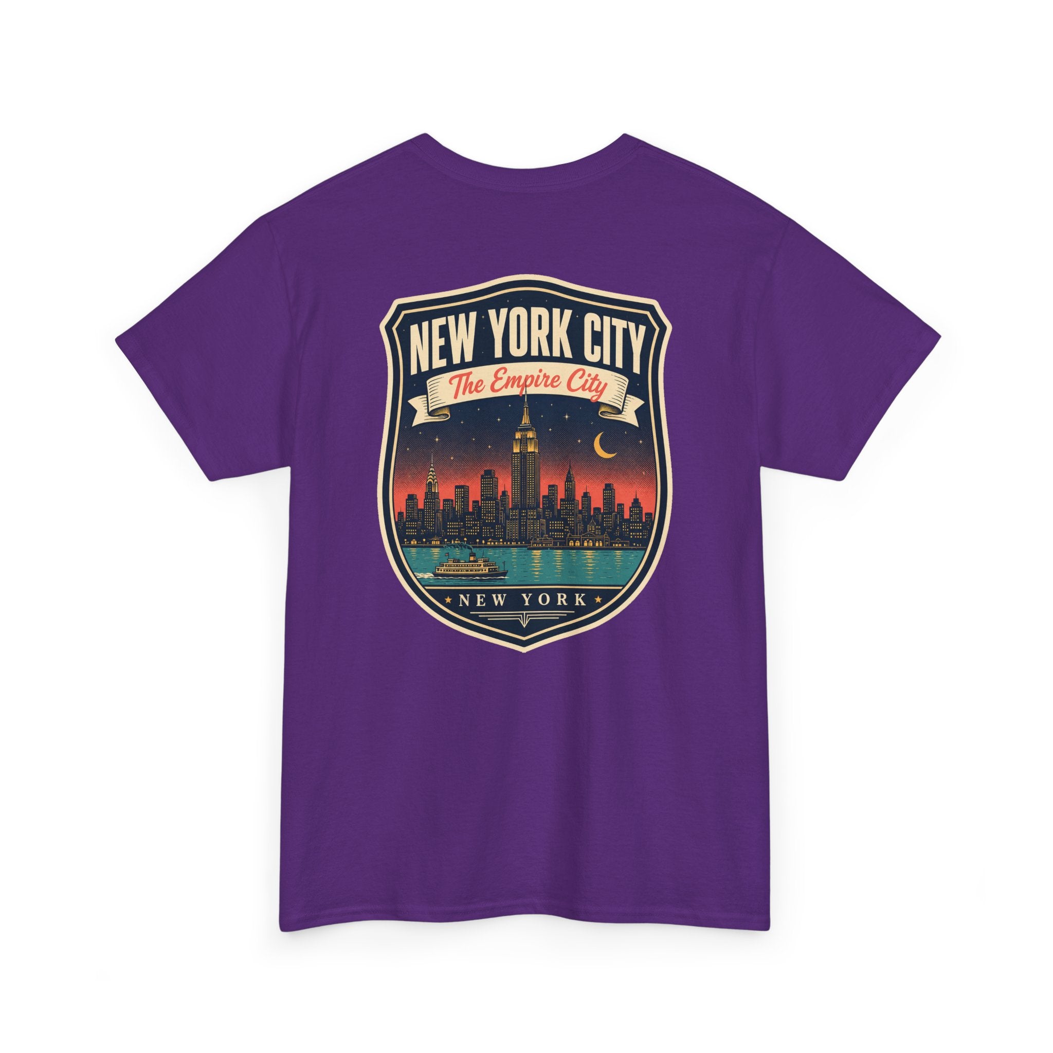 Purple T-shirt with New York City skyline badge graphic