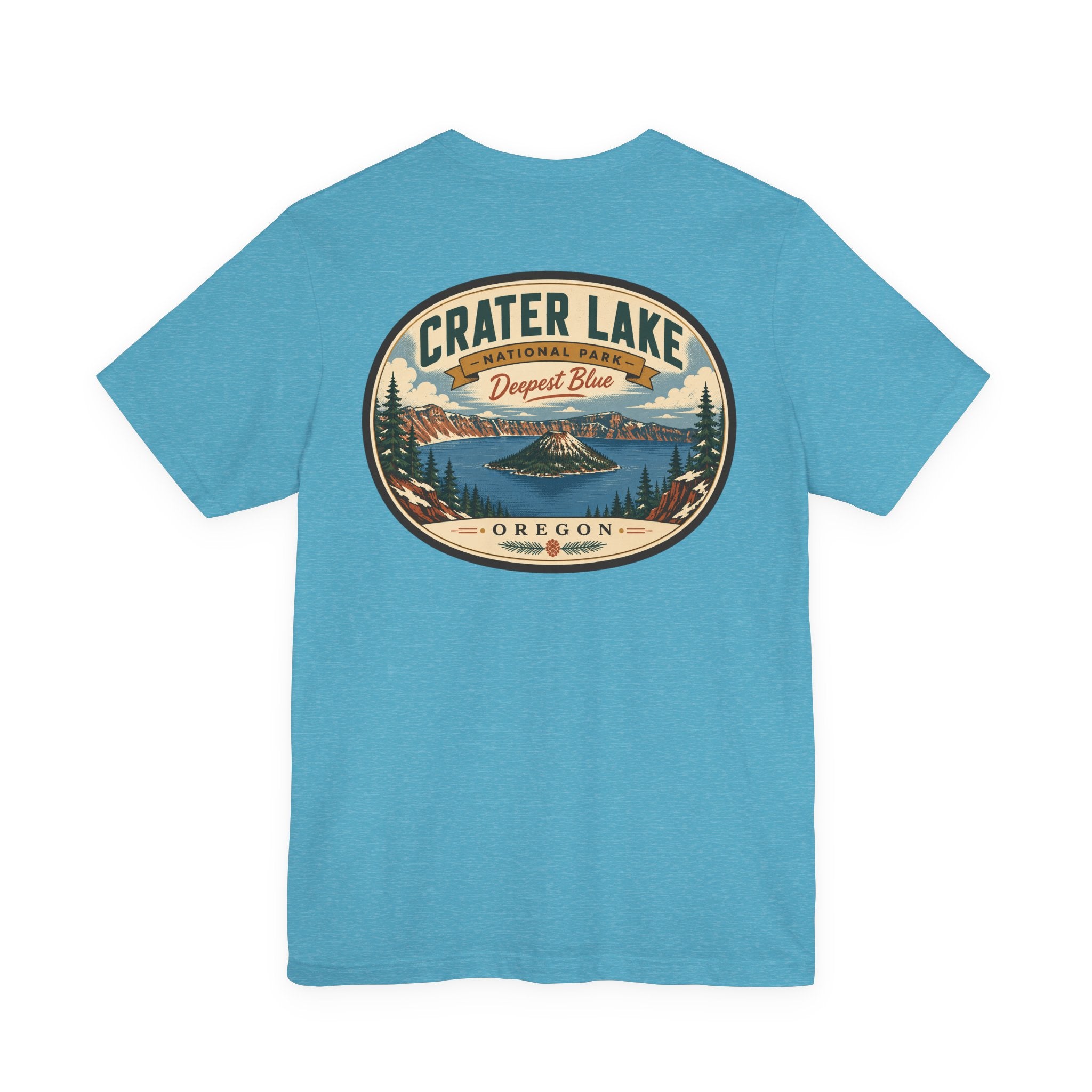 Light blue t-shirt with Crater Lake Oregon circular lake scenery graphic