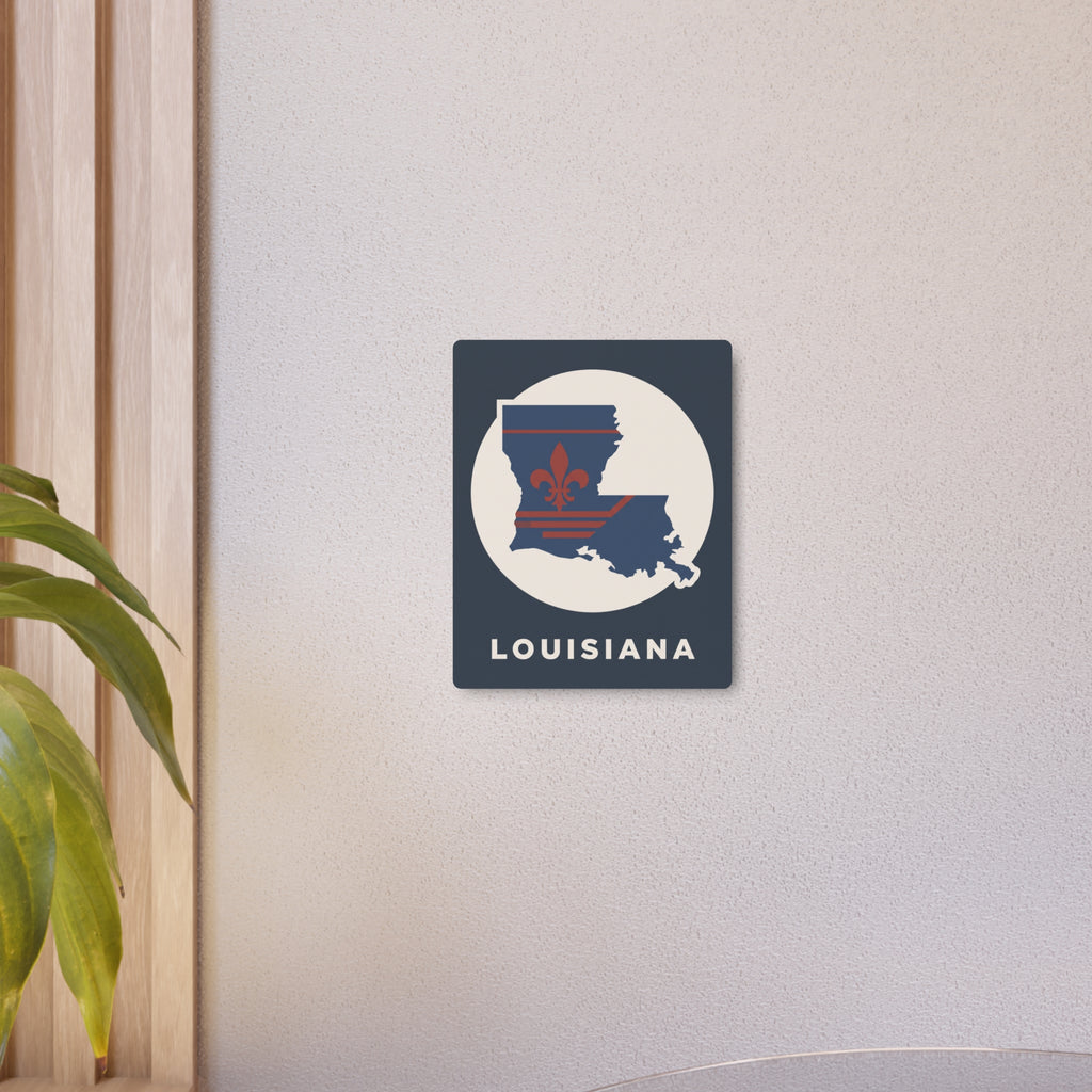 Louisiana metal wall sign with navy state map, red fleur-de-lis, and “LOUISIANA” text
