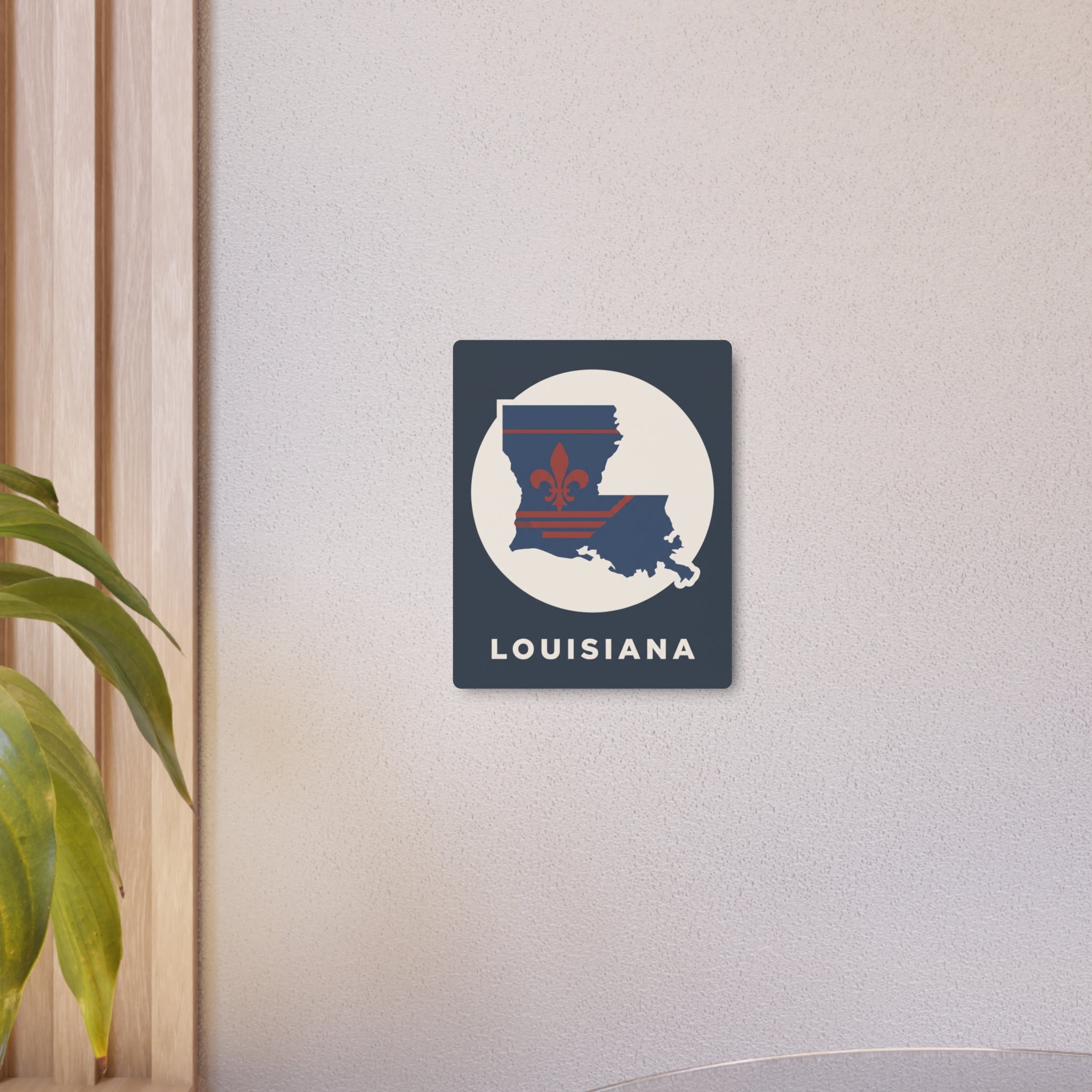 Louisiana metal wall sign with navy state map, red fleur-de-lis, and “LOUISIANA” text