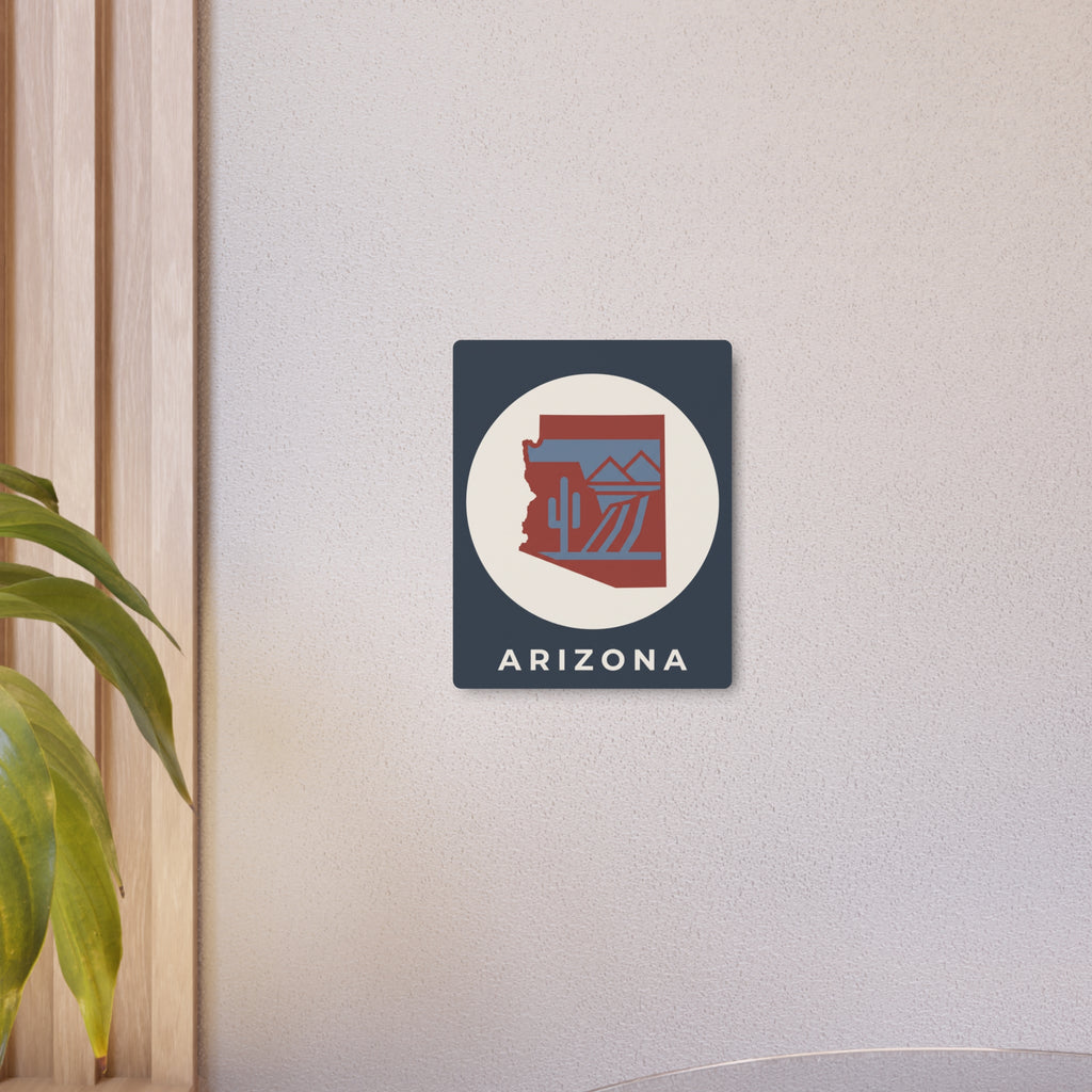 Wall-mounted Arizona cactus metal art sign, dark blue square with beige circle and red map