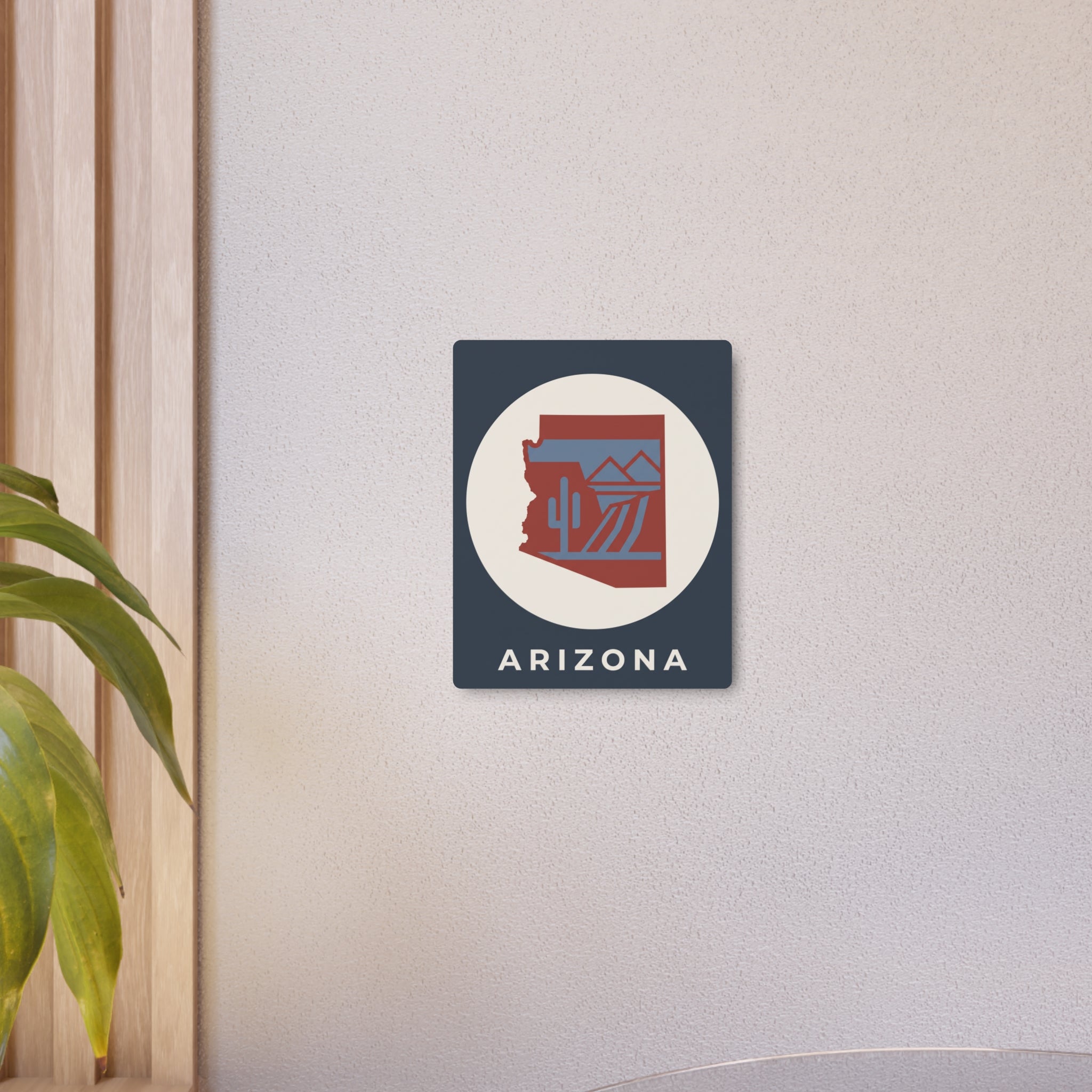 Wall-mounted Arizona cactus metal art sign, dark blue square with beige circle and red map