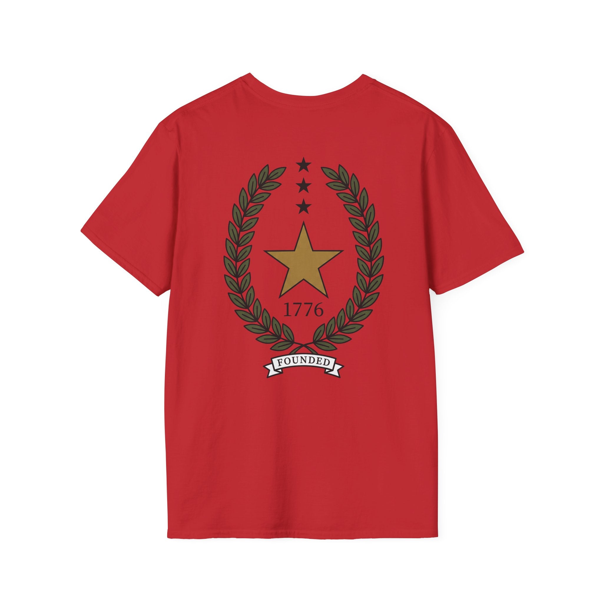 Red t-shirt with star-and-laurel emblem and '1776' print