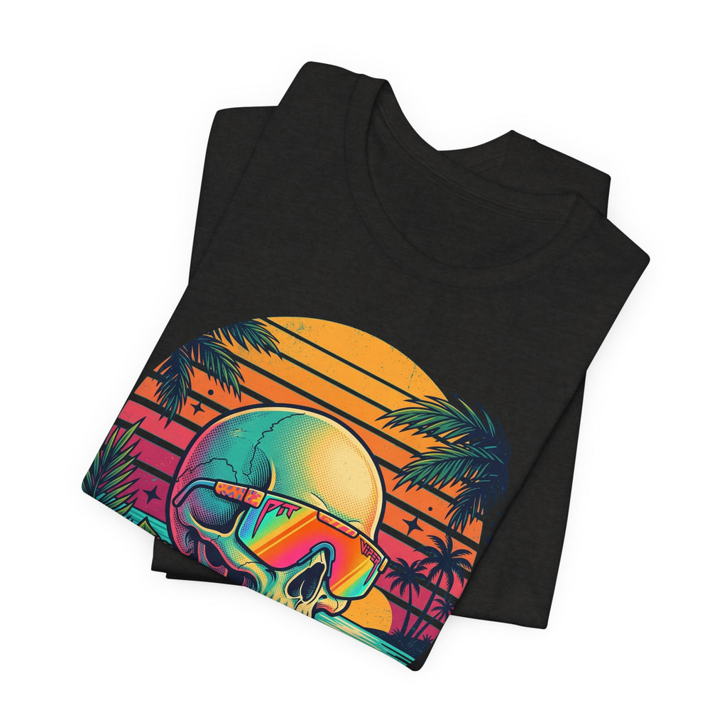 Black T-shirt with tropical skull sunglasses graphic, palm trees and retro sunset stripes
