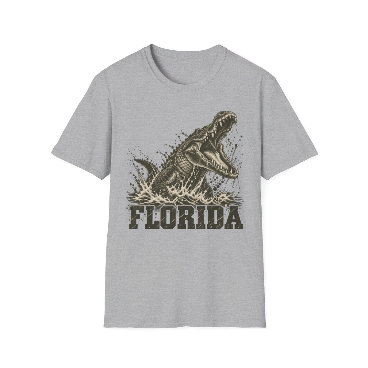 Light gray crew-neck t-shirt with lunging alligator graphic and FLORIDA text