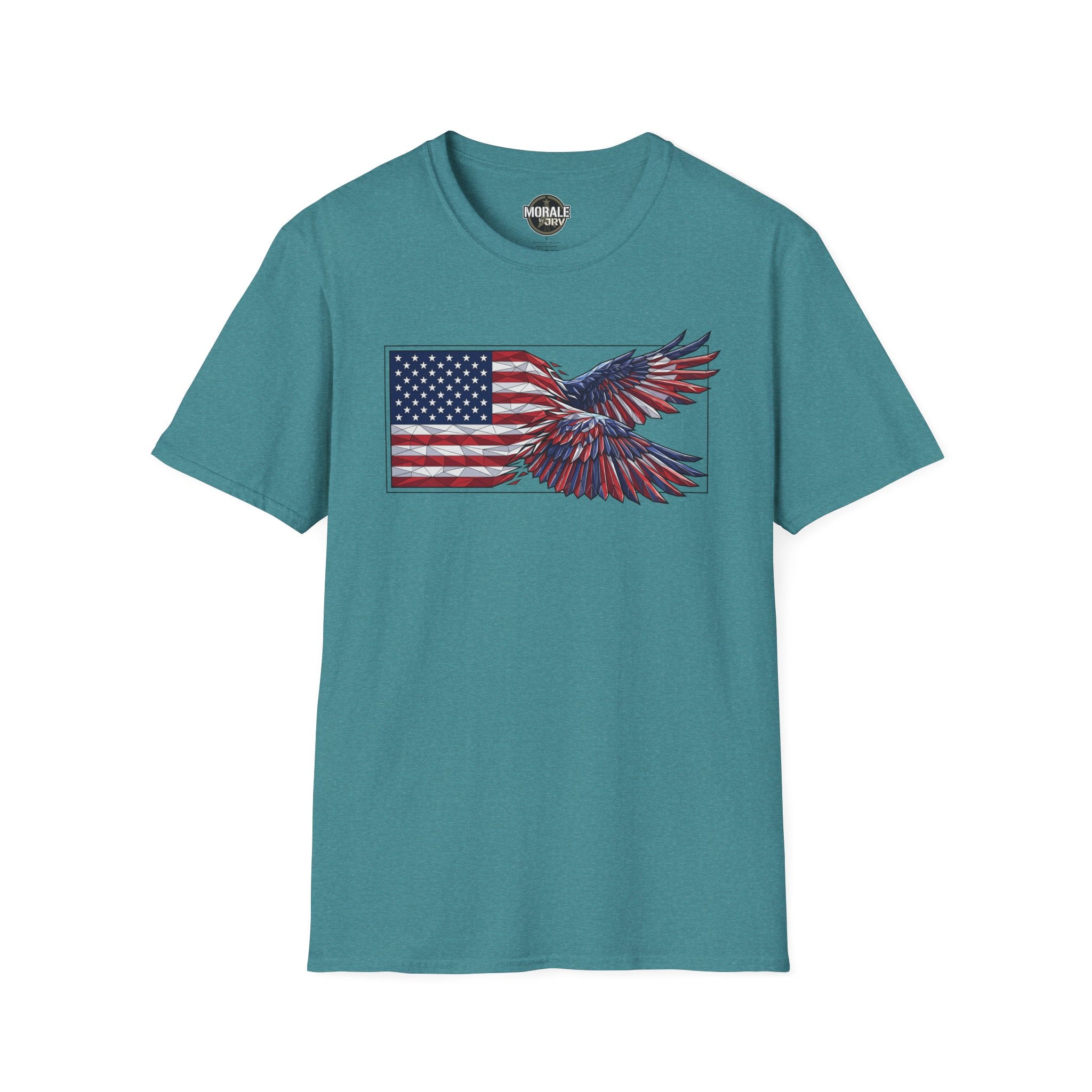 Patriotic eagle flag graphic T-shirt, teal with flying eagle over American flag