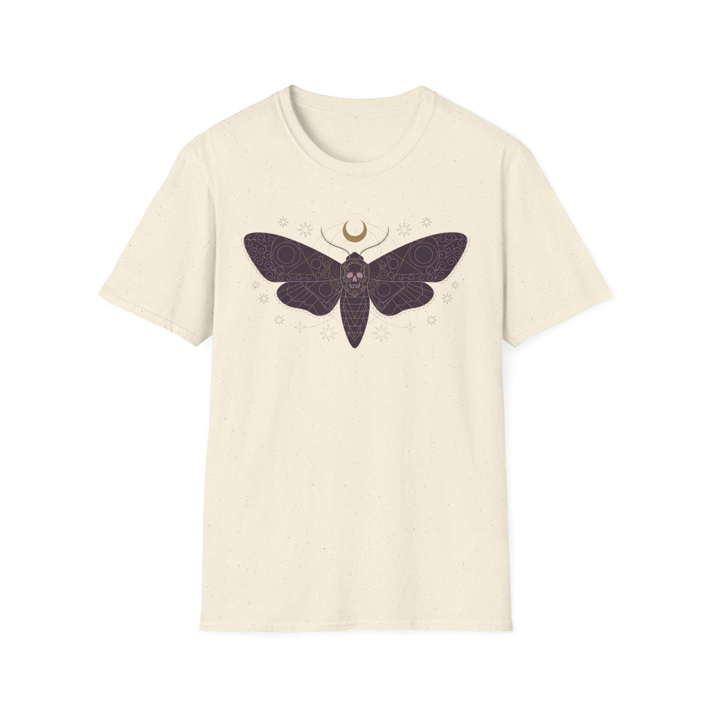Off-white T-shirt with purple moth skull graphic and crescent moon