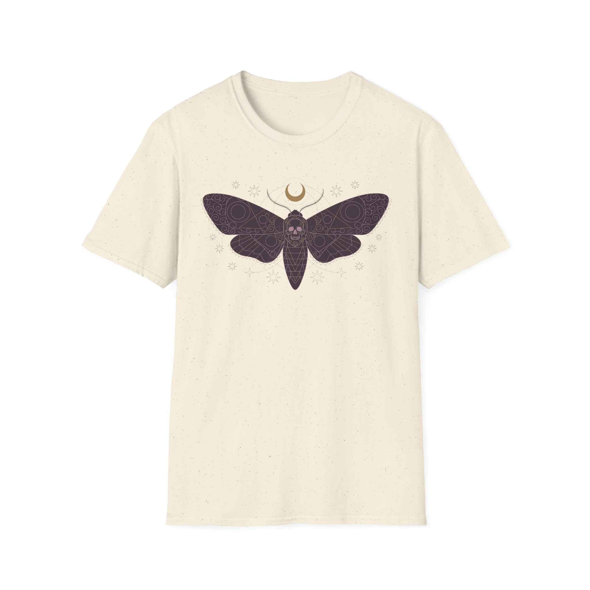 Off-white T-shirt with purple moth skull graphic and crescent moon