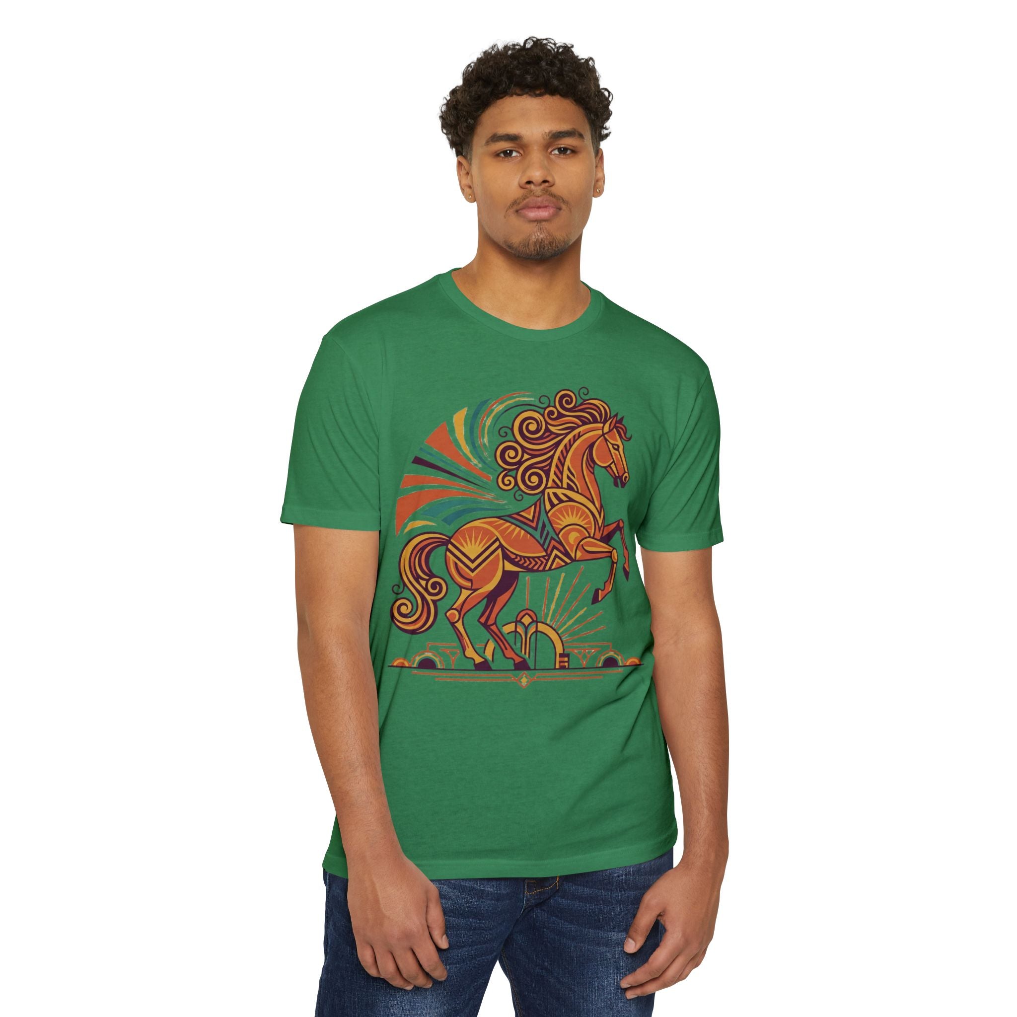 Green crew-neck T-shirt with colorful prancing horse sunburst graphic on front