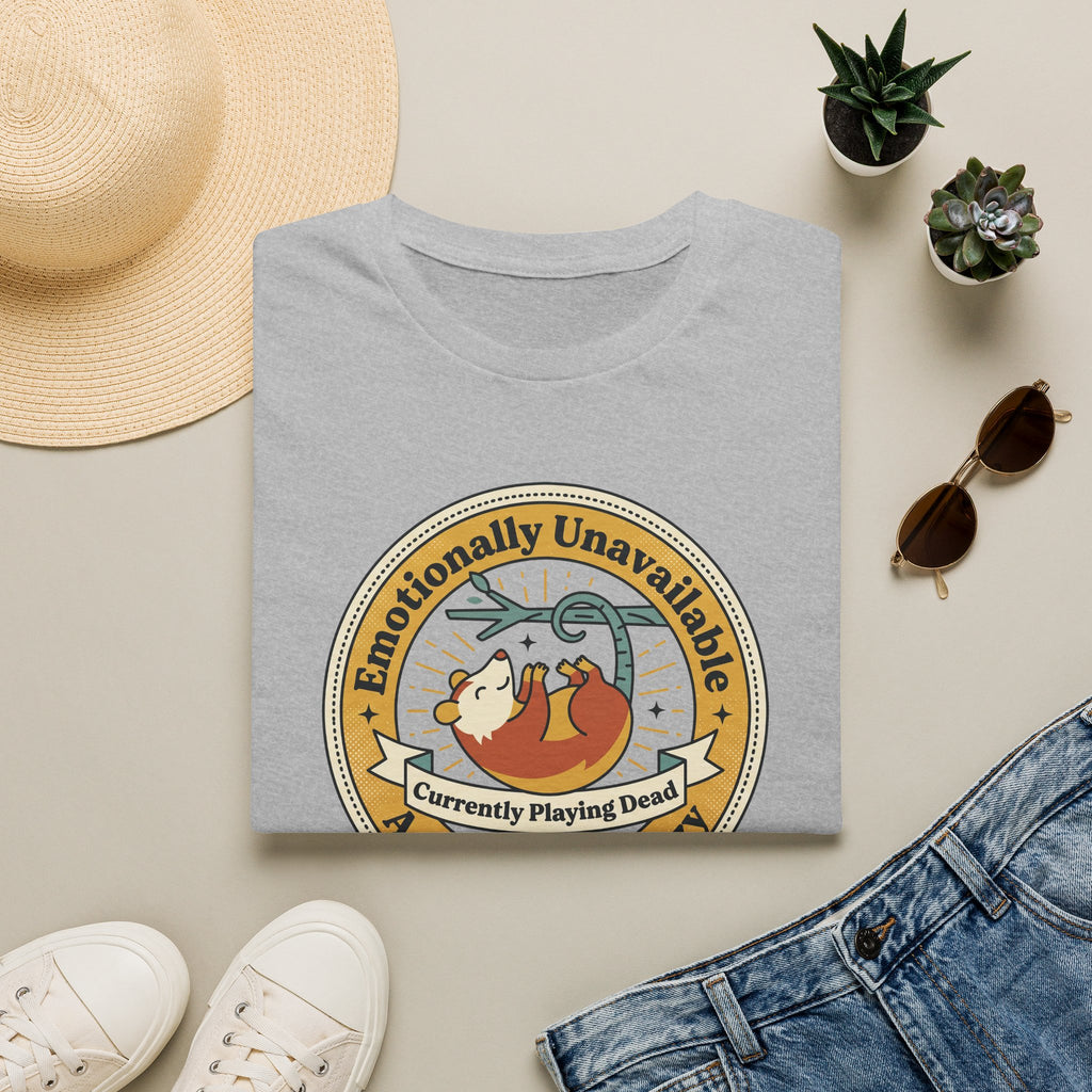 Light heather gray sloth graphic T-shirt with round "Currently Playing Dead" logo