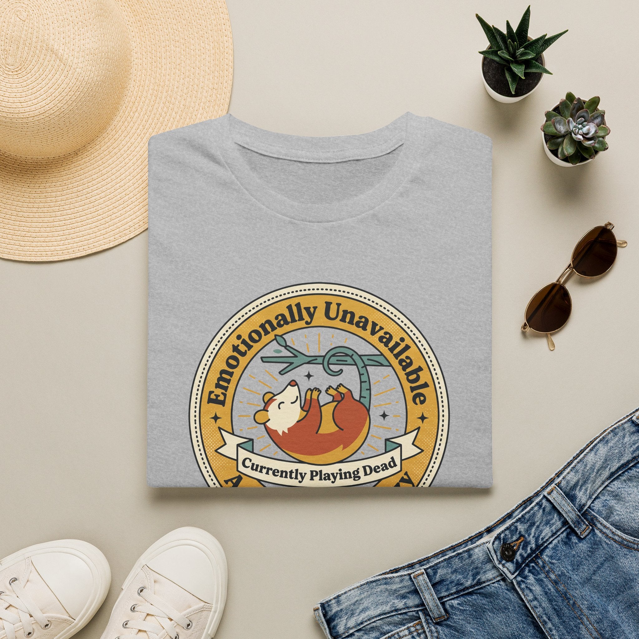 Light heather gray sloth graphic T-shirt with round "Currently Playing Dead" logo