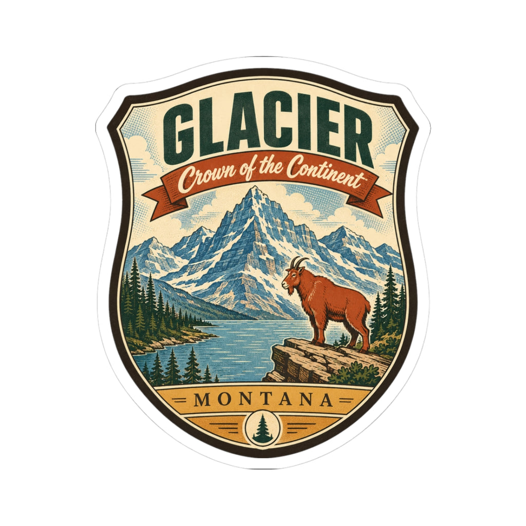 Shield travel sticker with “GLACIER,” mountains, pine trees, and a brown dog; “MONTANA”