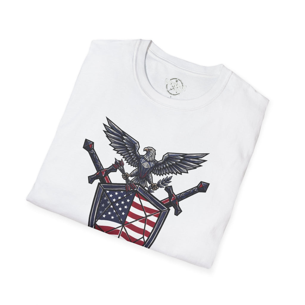 White T-shirt with patriotic eagle and crossed weapons graphic, red white blue flag